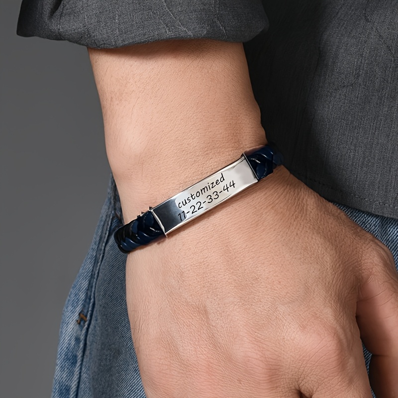 Personalized Braided Leather Bracelet with Engraved ID for Men Women