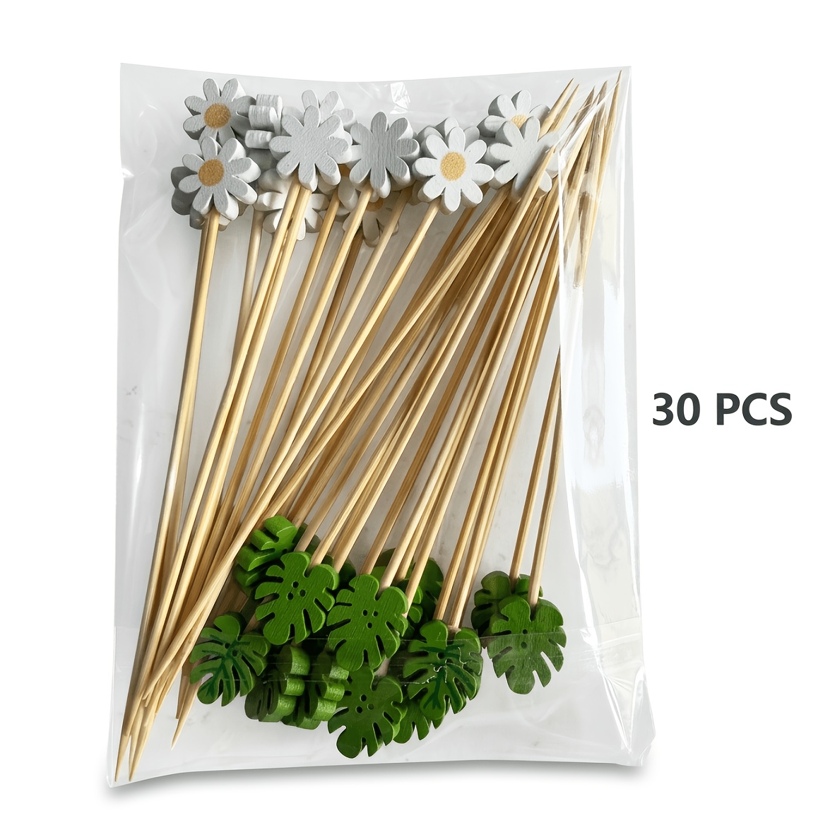 30pcs Mixed Bamboo Cocktail Picks, Daisy & Monstera Leaf Decorative Fruit Skewers, Disposable Bamboo Toothpicks For Appetizer, Party, Wedding