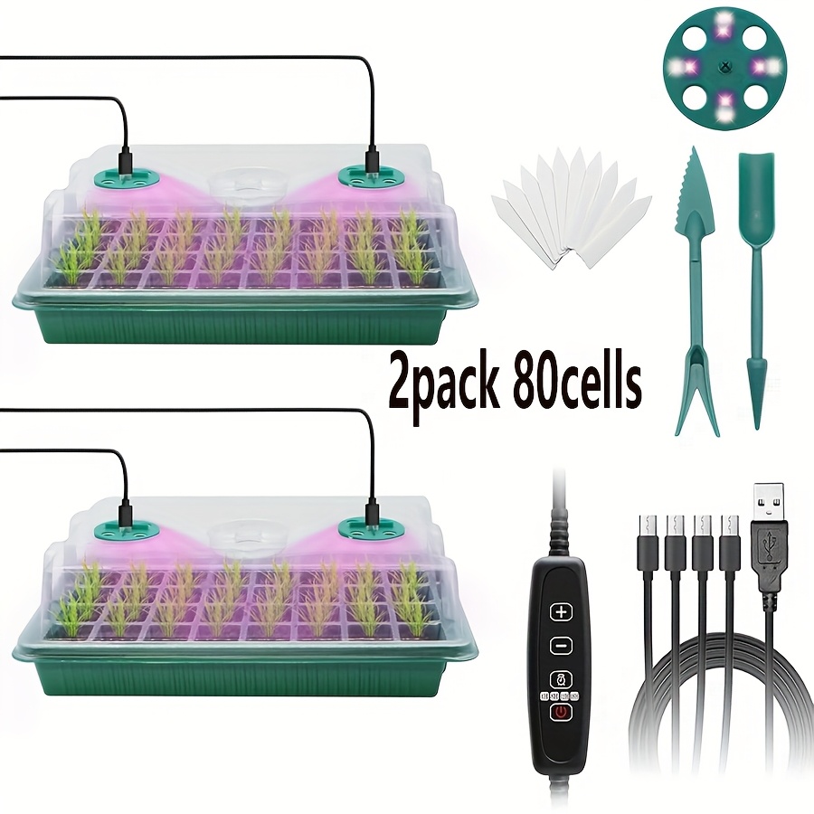 TEMU 2-pack 80-cell Seed Starter Tray With Grow Light, Seed Starting Kit, Timing Seed Tray, Adjustable Brightness And Humidity, Seeds For Greenhouse