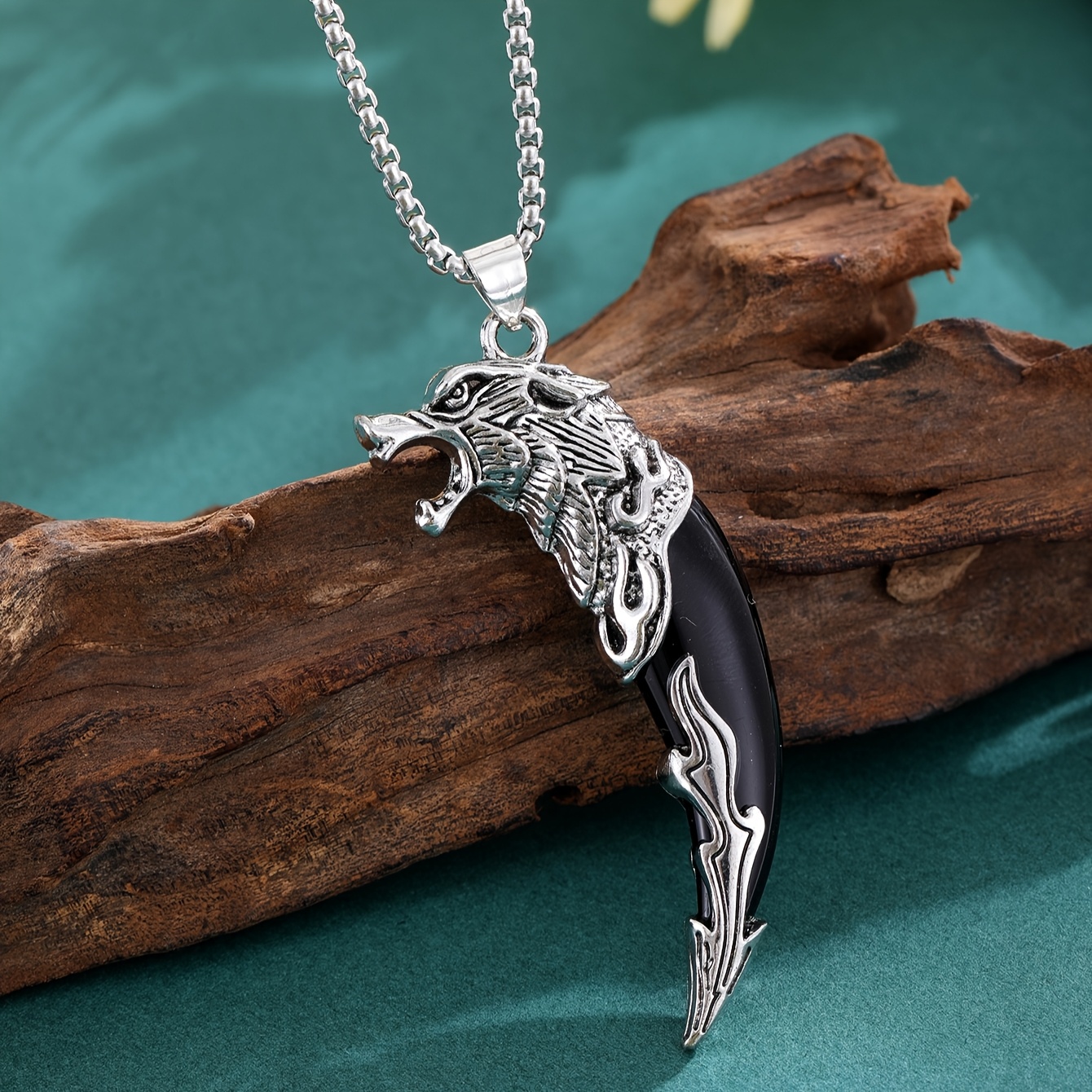 TEMU New -border Vintage Resin Wolf Tooth Pendant Necklace, Unisex 304l Stainless Steel Chain For Casual And Party Wear