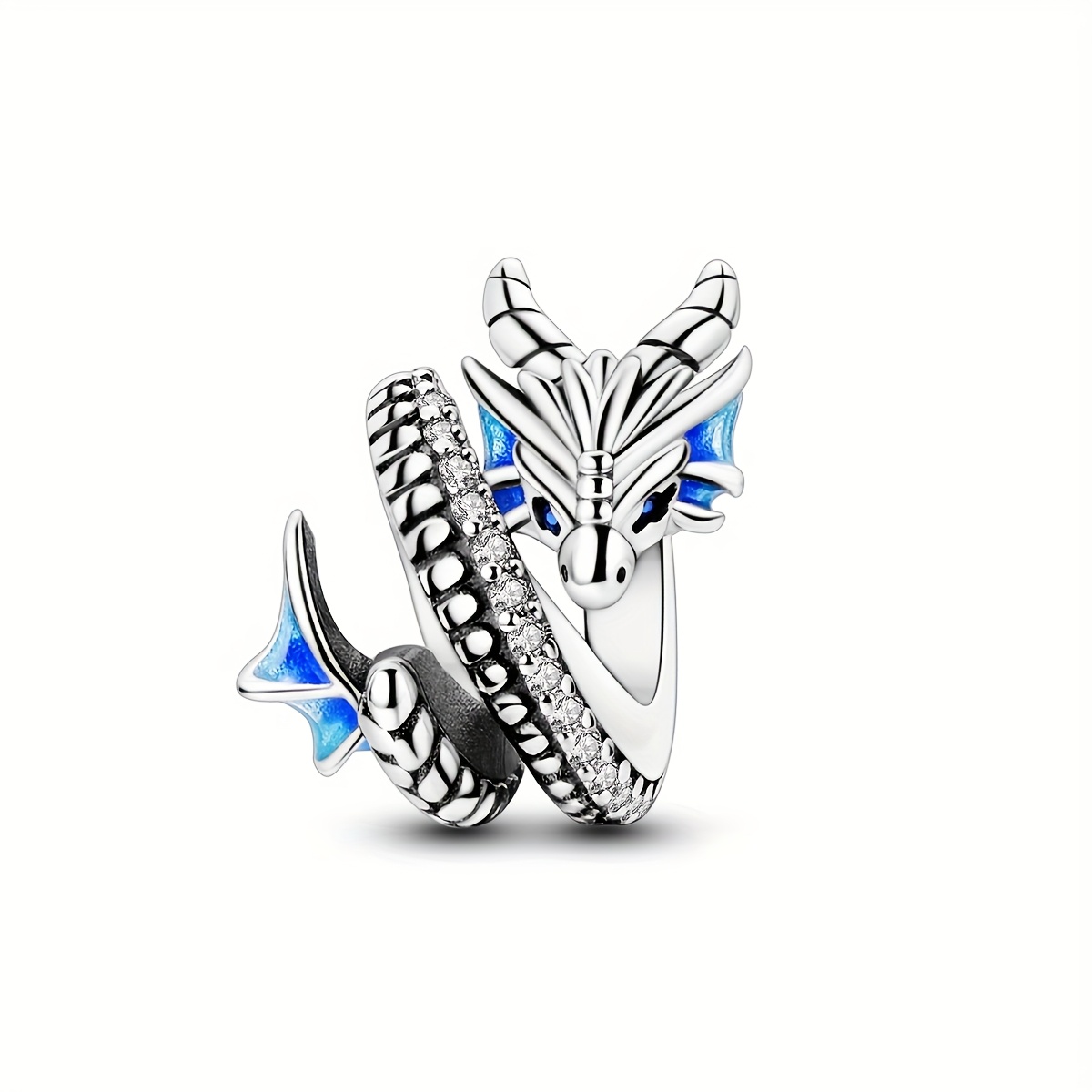 Image of 1pc Plated Silvery-plated Sparkling Cubic Synthetic Cubic Zirconiaia Vintage Blue Dragon Shaped Bead Charms Fit Snake Bracelet Necklace Bangle Pendant Beads For Making Women Girl Daily Jewellery Gift