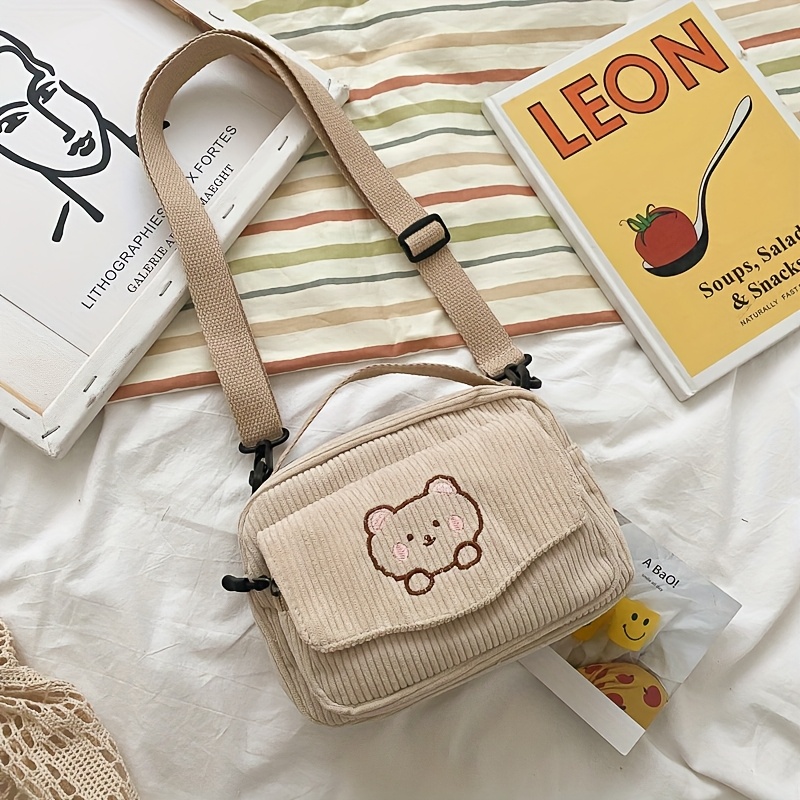 Image of Canvas Bag Korean Version Japanese Harajuku Canvas Crossbody Bag Women's Shoulder Bag Cute Style Popular Small Crossbody Bag Corduroy Cartoon Canvas Bag Ins Niche Internet Celebrity New Style