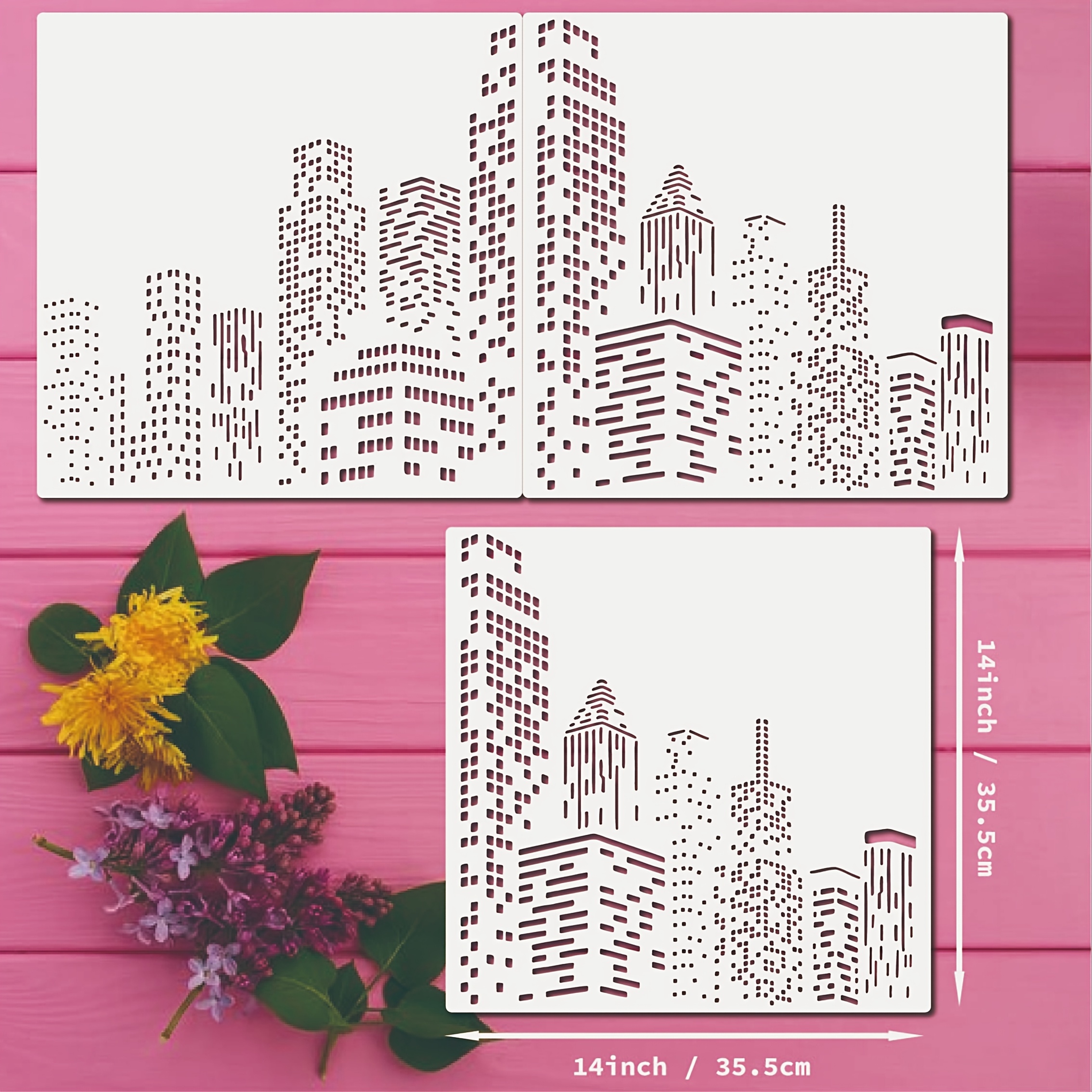 

2-pack Cityscape Stencils, 12x12 Inch, Large Modern Building Design, Reusable Plastic Templates For Wall, Wood, Canvas, Art Projects, Home Decor