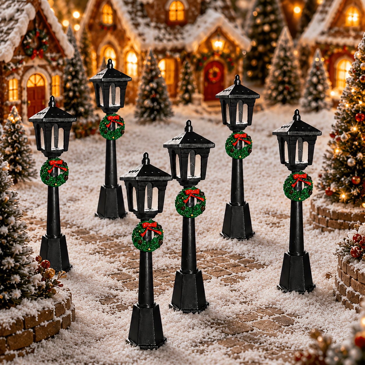 TEMU 6pcs Mini Street Light Christmas Ornaments, Small Pillar Lanterns Decorated With Green Wreaths And Red Bows, Miniature Decorations Suitable For