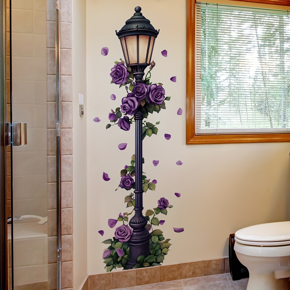 Purple Rose Street Lamp Wall Sticker, Waterproof Self-adhesive Bathroom Decal, Creative Toilet Wall Sticker