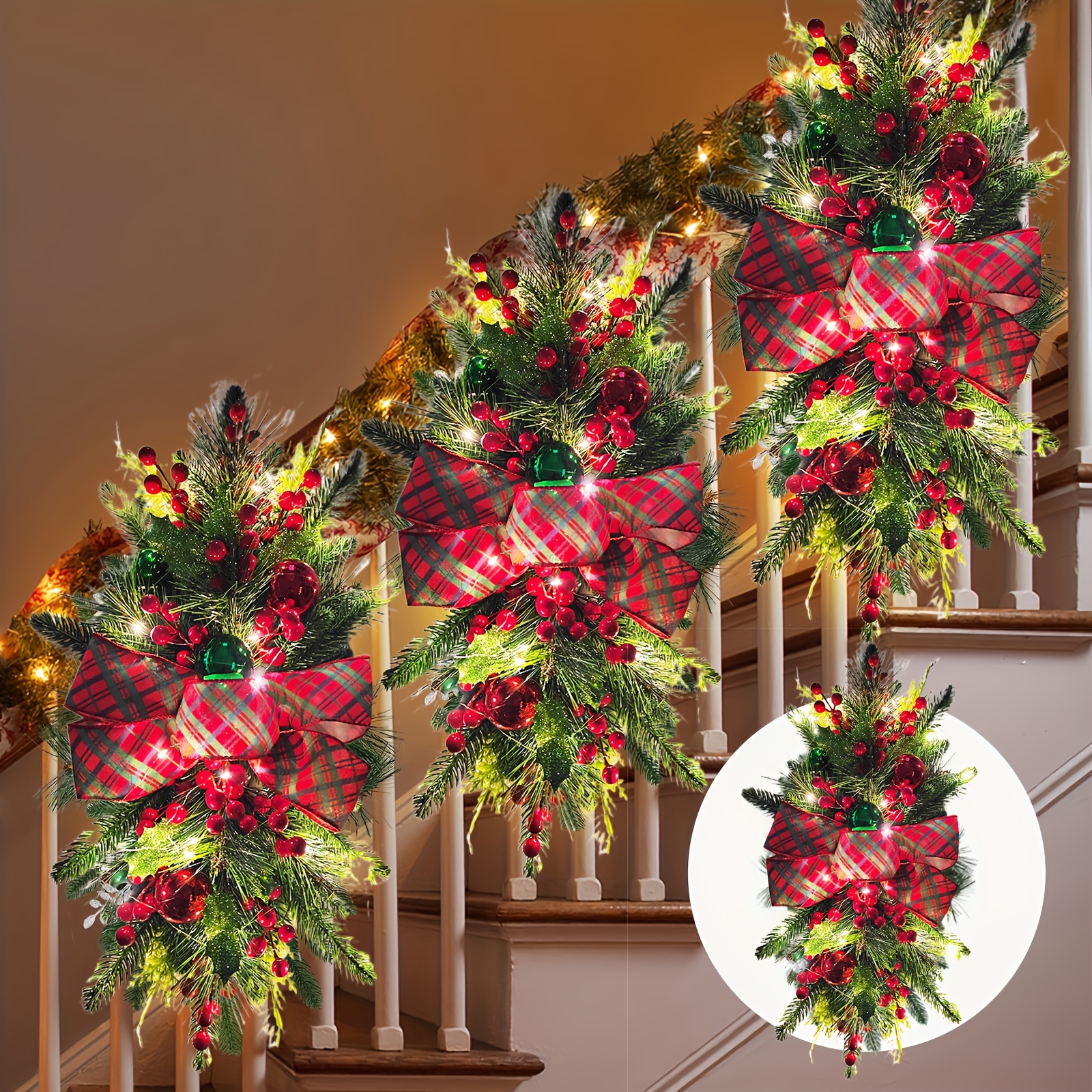 

1pc, Artificial Christmas Teardrop Stair For Door Staircase Garland Pendant Hanging Decoration