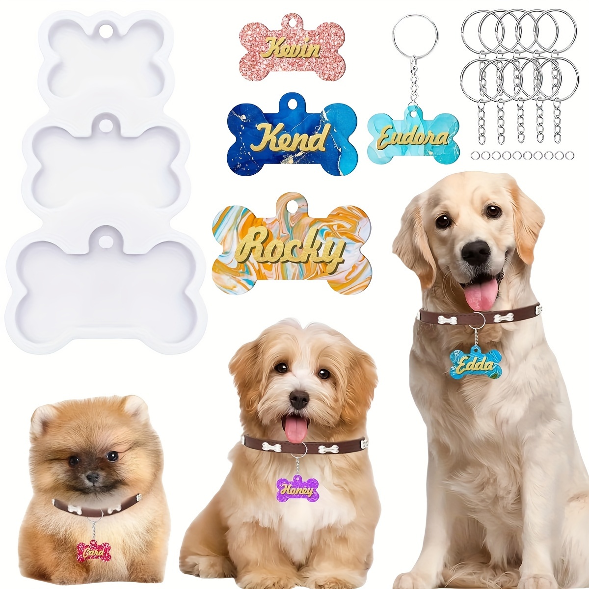 

21pcs/set Pet Tag Resin Mold Silicone For Cats And Dogs, Includes 1 Resin Bone Keychain Mold With 10 Key Rings And 10 Jump Rings, Diy Keychain Pendant Charm Crafts (1+10+10)