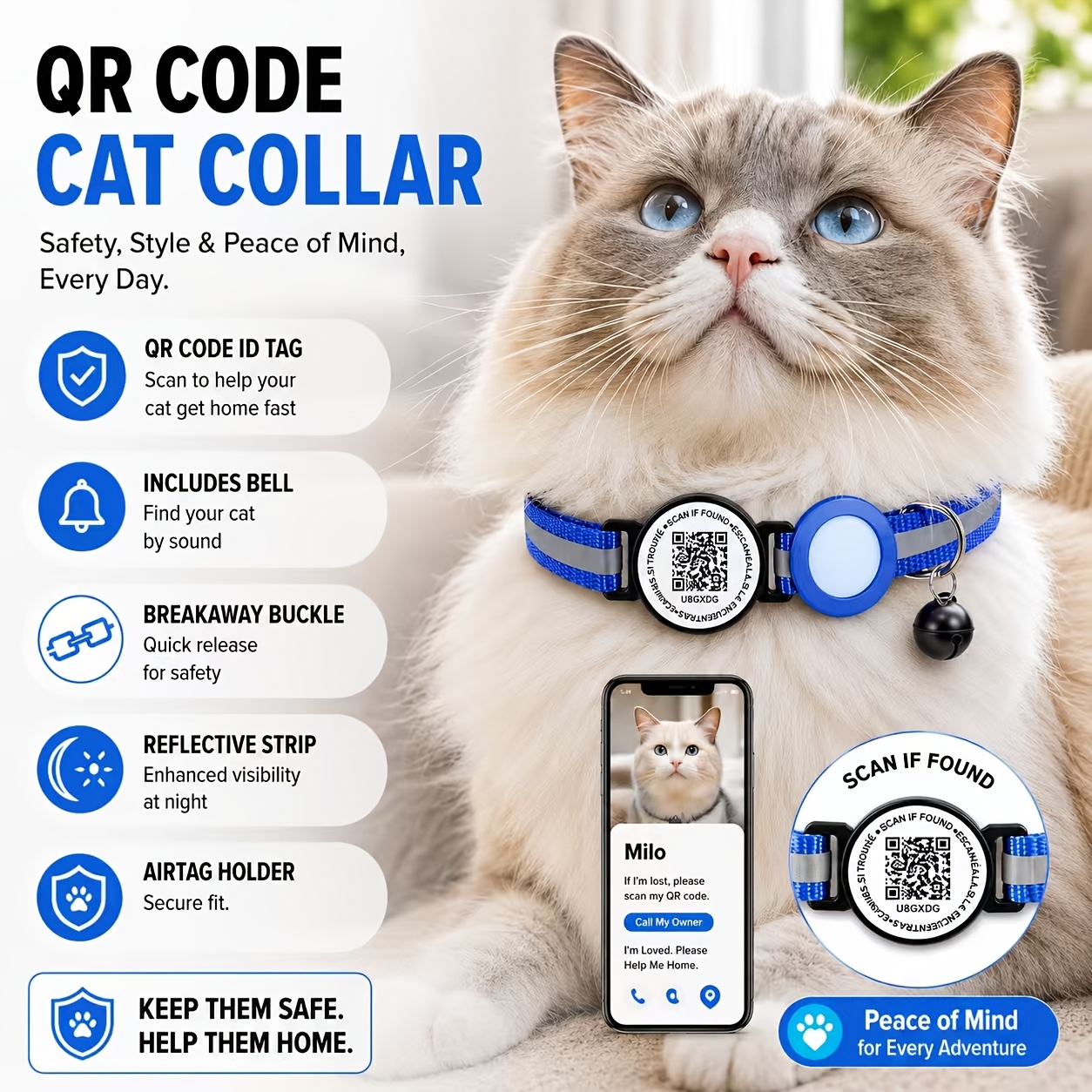 TEMU Collare per con riconoscimento informazioni ID tramite codice QR, -, custodia per AirTag per il tracciamento della posizione e -, riflettenti