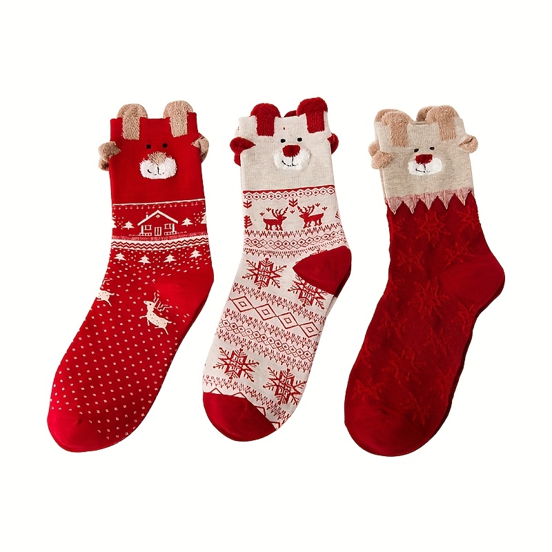 3 Pairs Of Women's Socks - Cartoon Reindeer 3d Design Fleece Polka Dot Texture Contrast Christmas Soft And Comfortable Mid-calf Casual Socks For