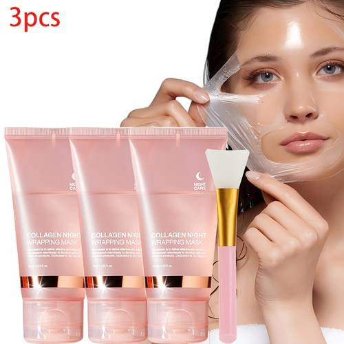 3pcs collagen night graping mask with niacinamide hyaluronic acid suitable for types hydration firming ceramide infused gel mask with bonus brush for skin routine deep moisturizing