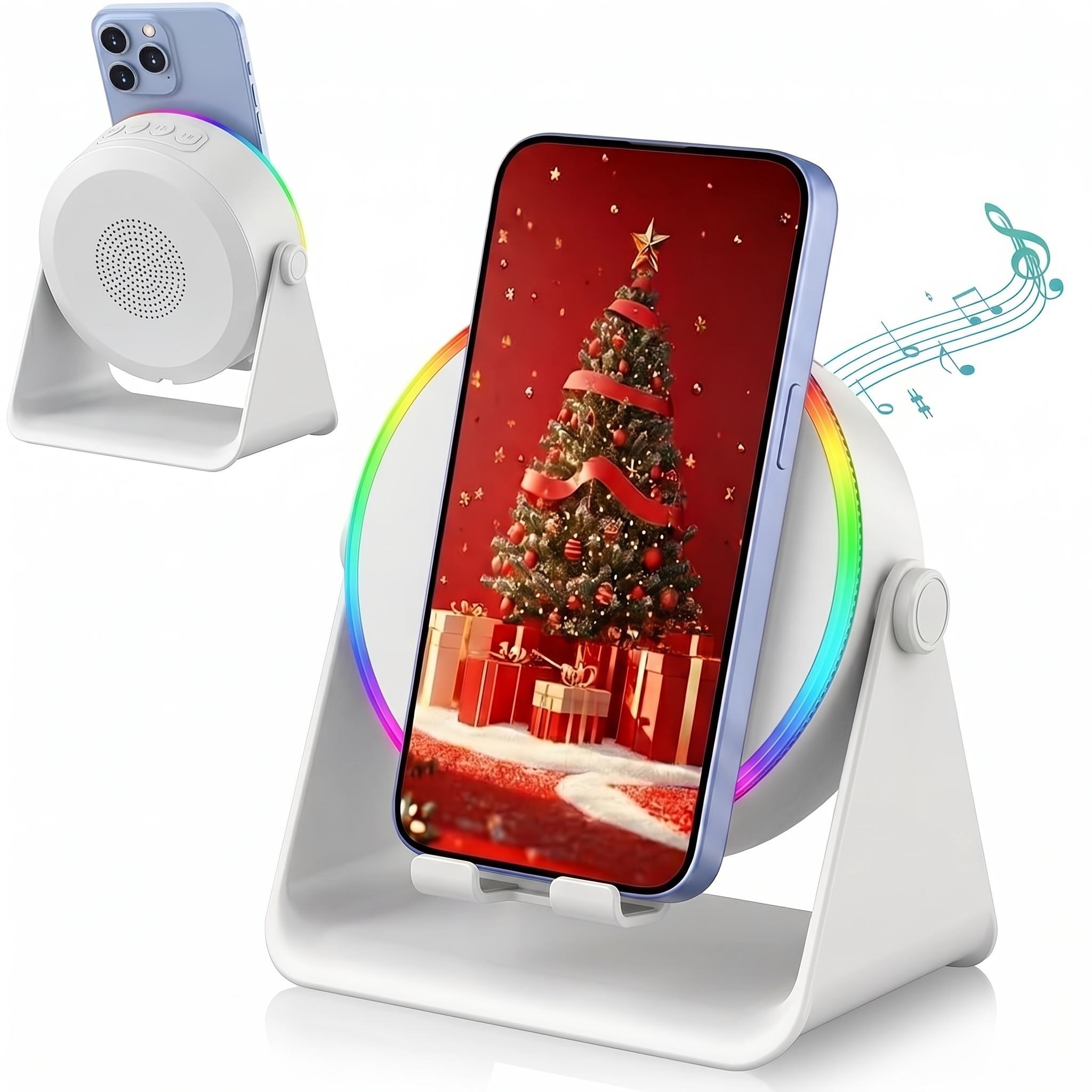 Wireless Induction Speaker Phone Stand, 5-In-1 Multifunctional Desktop Cell Phone Holder with RGB Ambient Light, 360° Rotatable Hands-Free Mobile Stand for Office Desk, Home, Birthday Gift