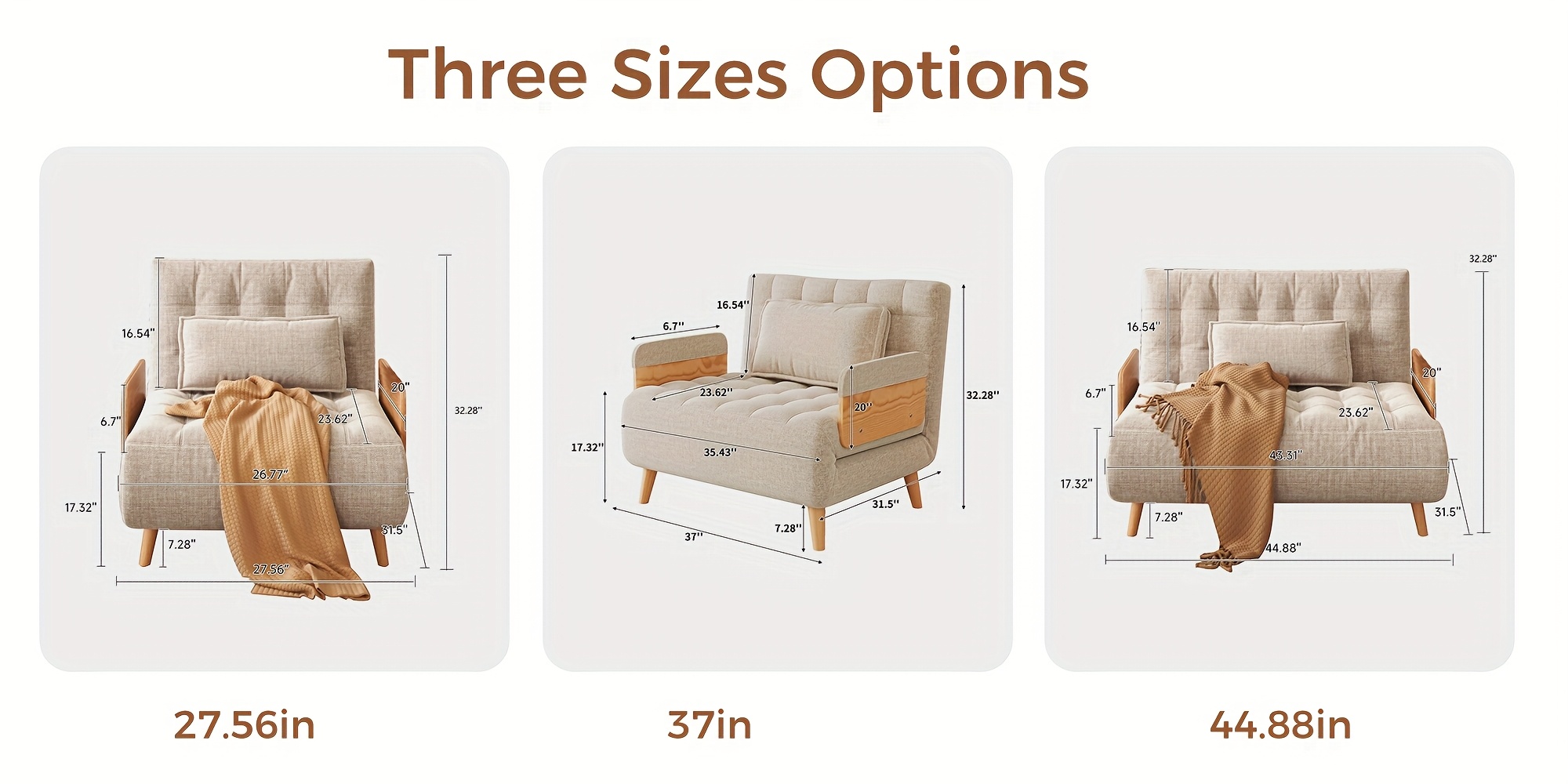 1 Modern Cotton And Linen Convertible Sofa Bed with 5 Adjustable Backs, Adjustable Height Pillows - Living Room Recliner, Single Or Double Use, Living Room Furniture Sofa | Neutral Home Decor | Wood Frame Sofa (Beige/Coffee)