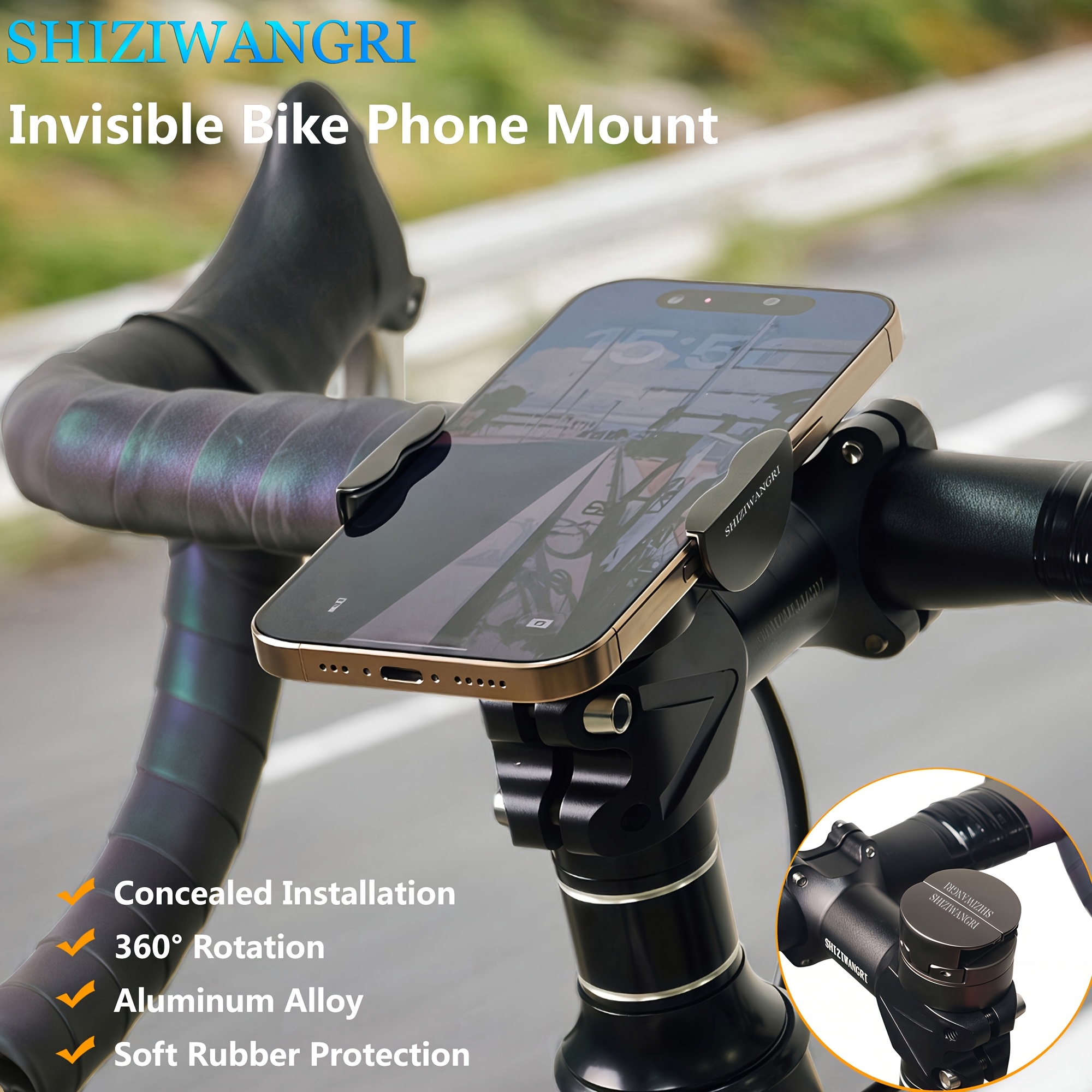 SHIZIWANGRI Aluminum Alloy Invisible Bike Phone Mount 360° Rotation Bicycle Handlebar Cell Phone Holder Shockproof Soft Rubber Cycling Phone Stand for Road Mountain Bike