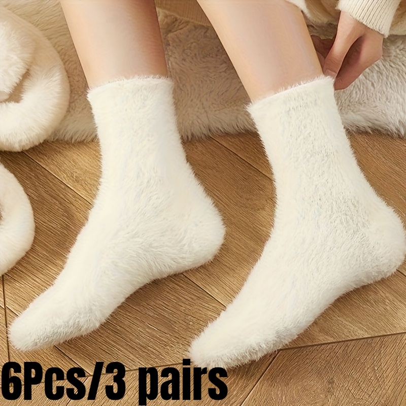 Image of 3 Pairs Thick , Cozy Round-toe Tube Socks, For Indoor/ Use - Durable Winter Footwear, Fluffy Socks, Christmas Clothes, Warm Socks For Women