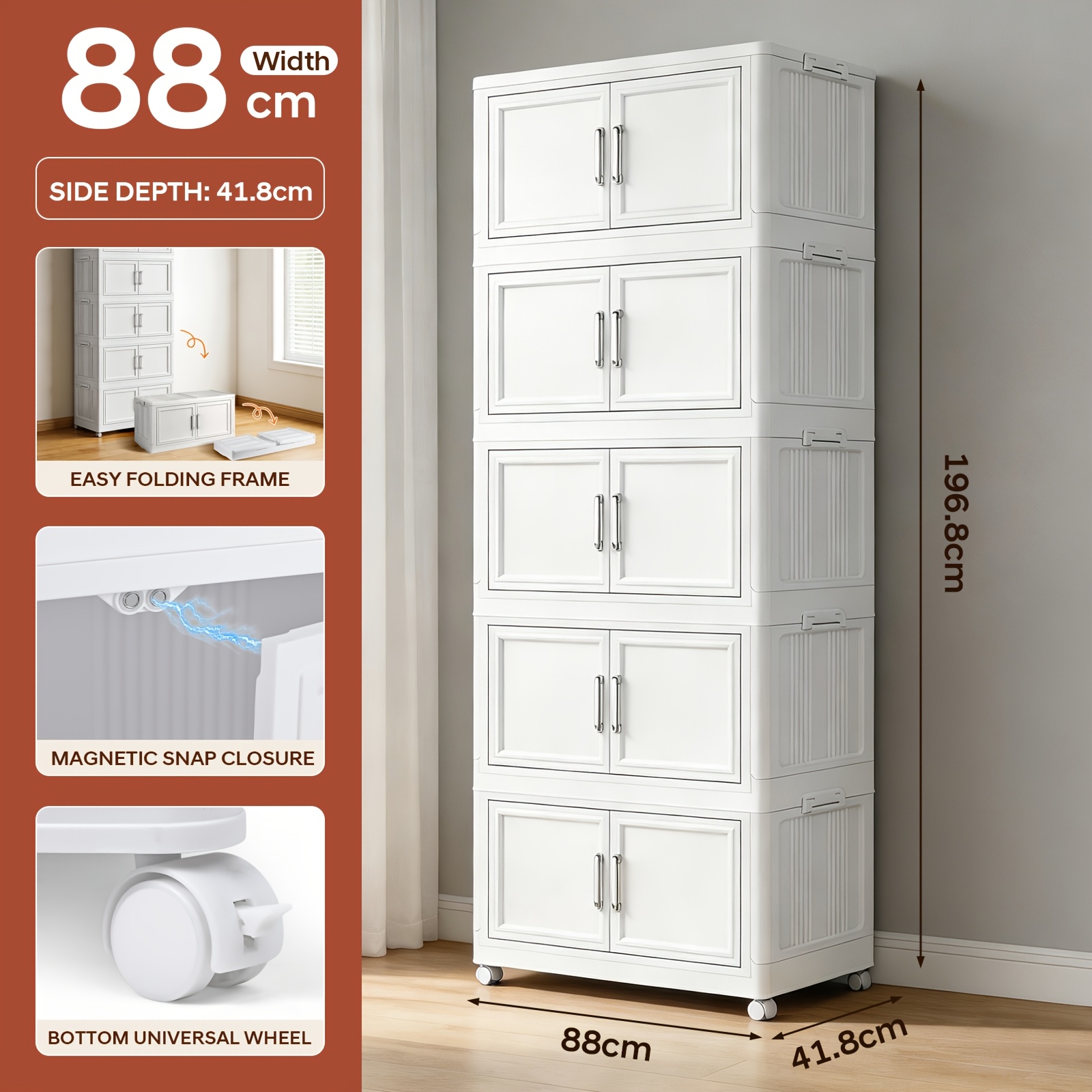 TEMU Meuble de rangement de bureau extra large 88 cm, pliable, blanc, avec portes, 3/4/5 niveaux, organisateur en plastique autoportant. Disponible