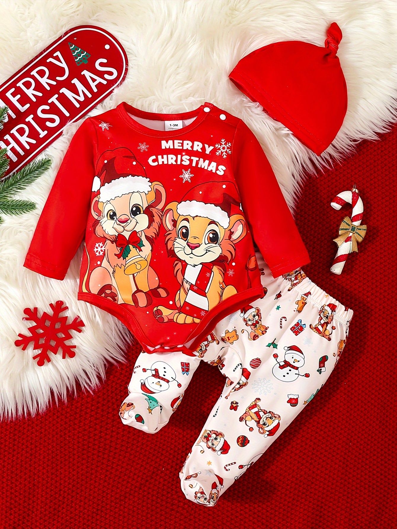 Schattige Kerst Leeuwenprint Lange Mouwen Romper & Bijpassende Broek met Hoed Set