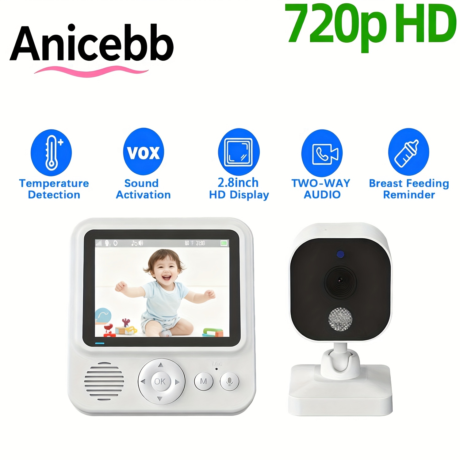 2.8'' Ips Video Monitor With Audio, 8 Lullabies, Feeding Reminder, Vox Cry Detection, Infrared Night Vision, Temperature Monitoring & 2.4ghz Wireless