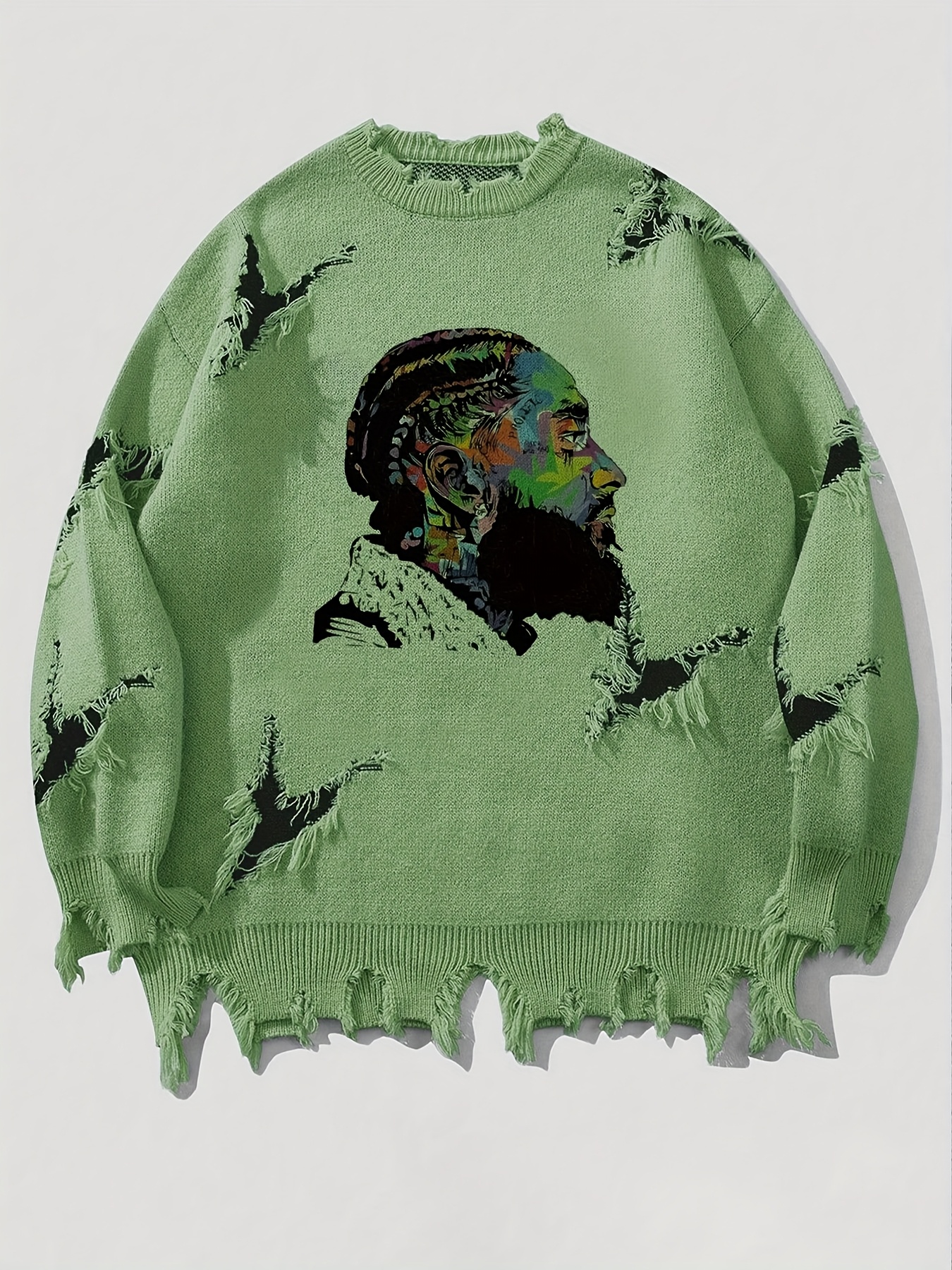 Men'S Casual Crew Neck Knit Sweater with Artistic Graffiti Portrait | Loose Fit, Ripped Details, Long Sleeve, Comfortable Texture for Fall/Winter - Image 10