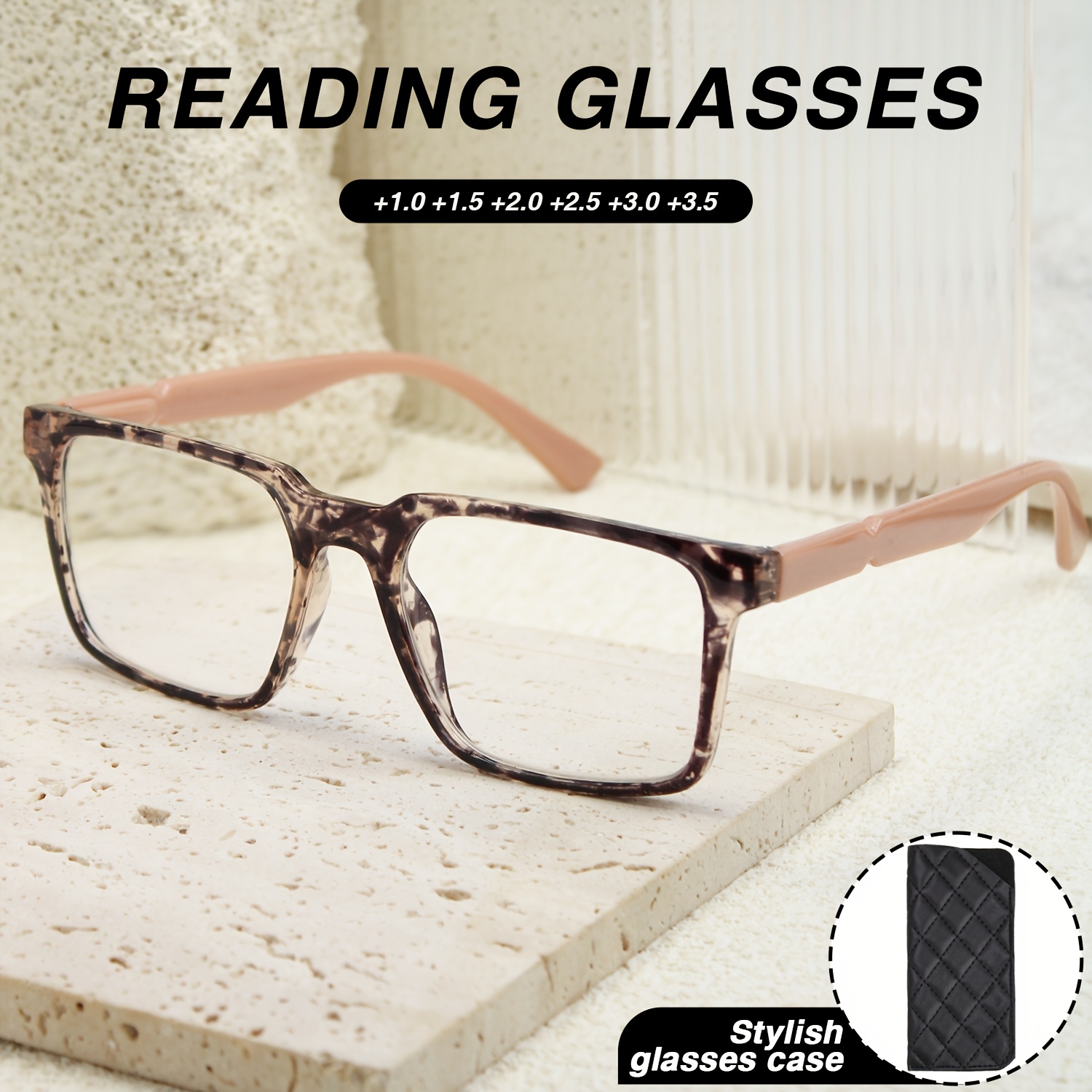 Pink Tortoiseshell Square Reading Glasses with Black Diamond Pattern Case