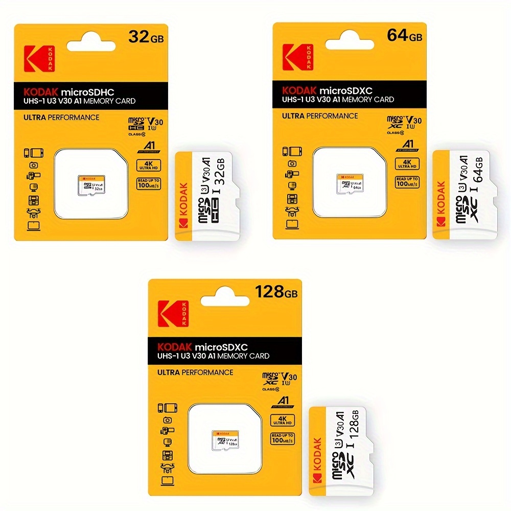 

Carte Kodak 128GB/64GB/32GB - Classe 10 U3 Haute Vitesse, & Antichoc pour Smartphones, , Appareils Photo - Cadeau Idéal