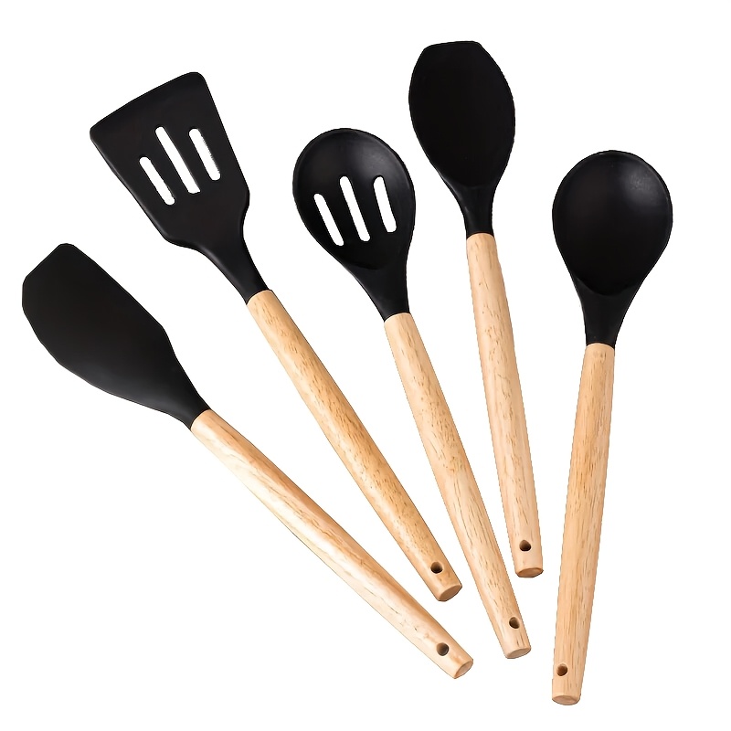 

Fineusea 5pcs Kitchen Utensil Set With Wooden Handles, Food Contact Safe Cooking Tools For Frying, Serving Soup & Sauces