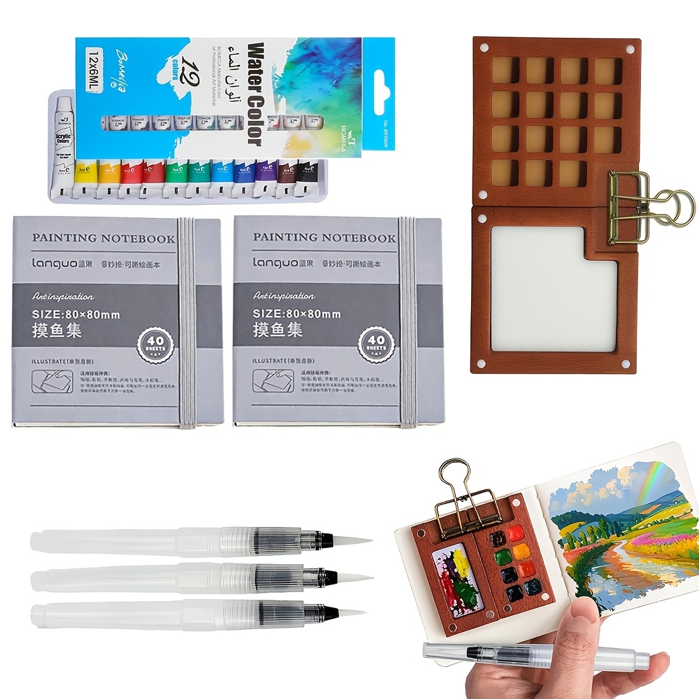 Image of 8pcs Travel Set - 15-well Palette, 12 Vibrant Pigments, 2 Sketchbooks, Brushes & Mini Acrylic Kit - Best For Painting