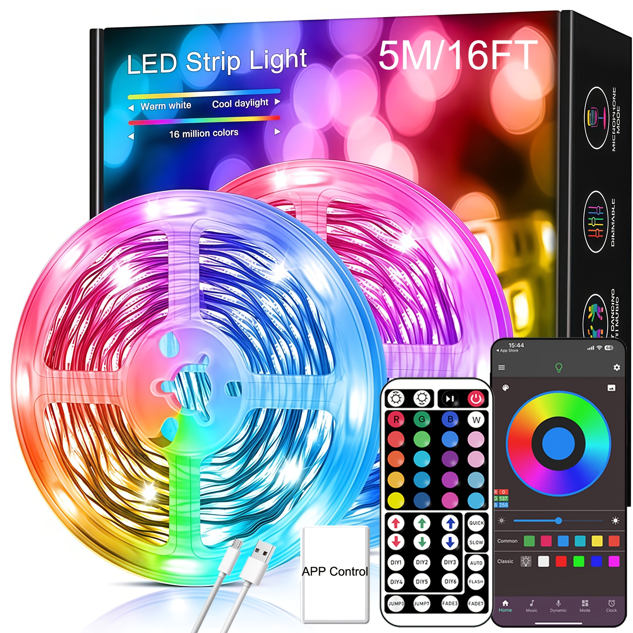 TEMU 16ft-100ft Smart Rgb Led Strip Light, Suitable For Bedroom Decoration, With Timer Function, Music-synchronized Color Changing Function, Comes