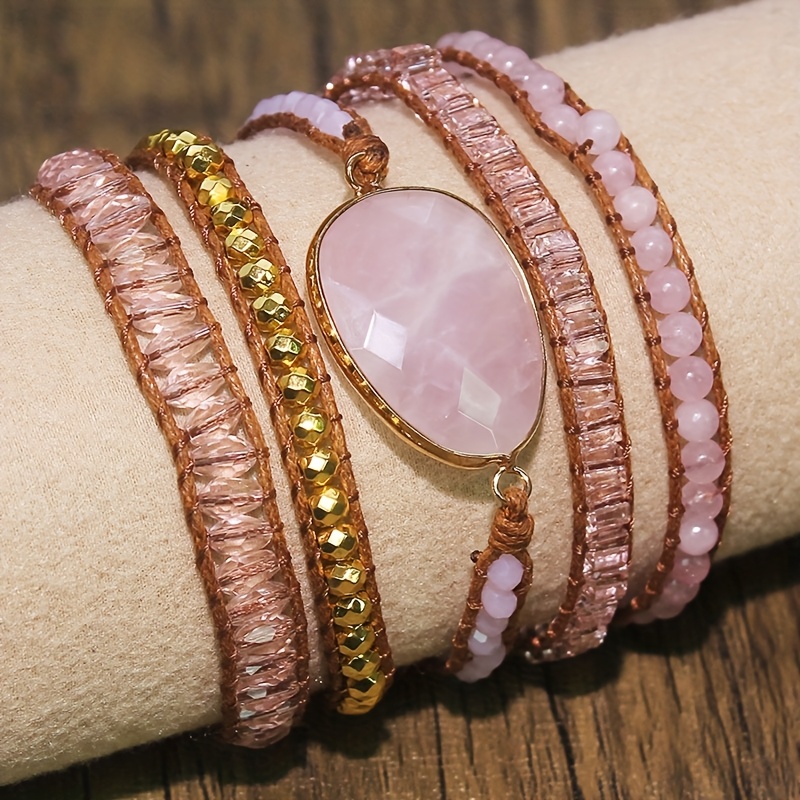 bohemian   rose quartz multi layer beaded bracelet stone material vacation gift occasion   wear casual jewelry multilayer design braided cord bohemian jewelry details 0