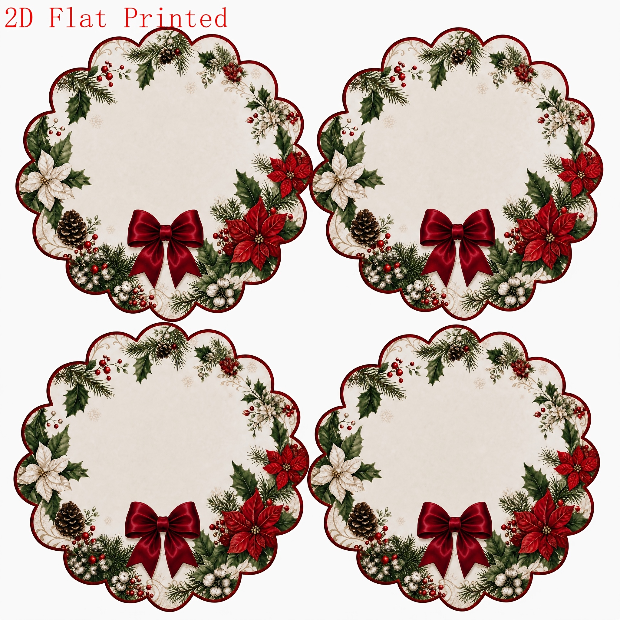 TEMU 2d Flat Printed 4/6pcs Christmas Placemats, Red Bow Xmas Poinsettia Holly Pine Cone Bow Scalloped Edge Table Mats For Holiday Dining Decor, 2d