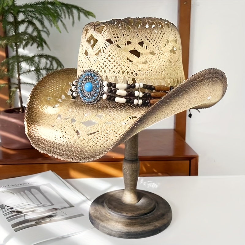 Straw Cowgirl Hat D-GROEE Straw Cowboy Hat Wide Brim Sun Hat