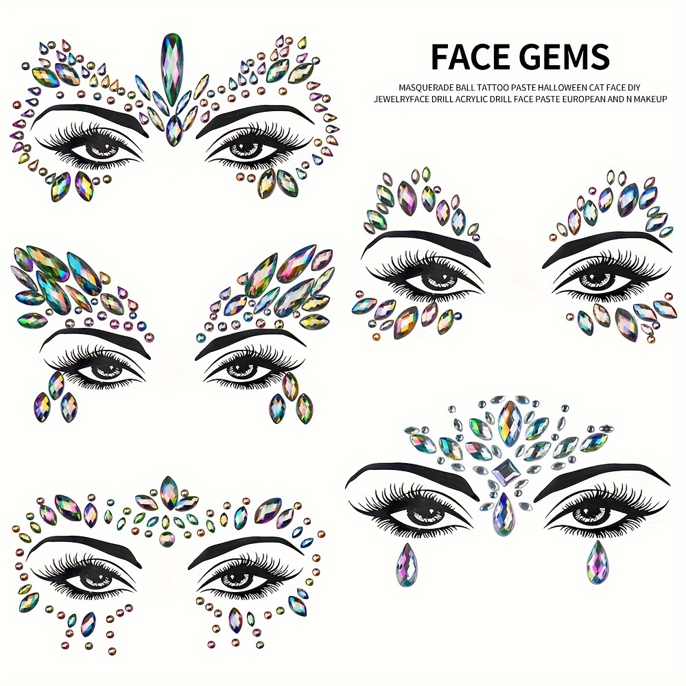 Image of 5-pack Ab Colorful Aurora , Face Gems Decals For Halloween Cat Makeup, Festive Eye & Forehead Embellishments, Sparkling Rhinestone Design, Carnival/mardi Gras/masquerade
