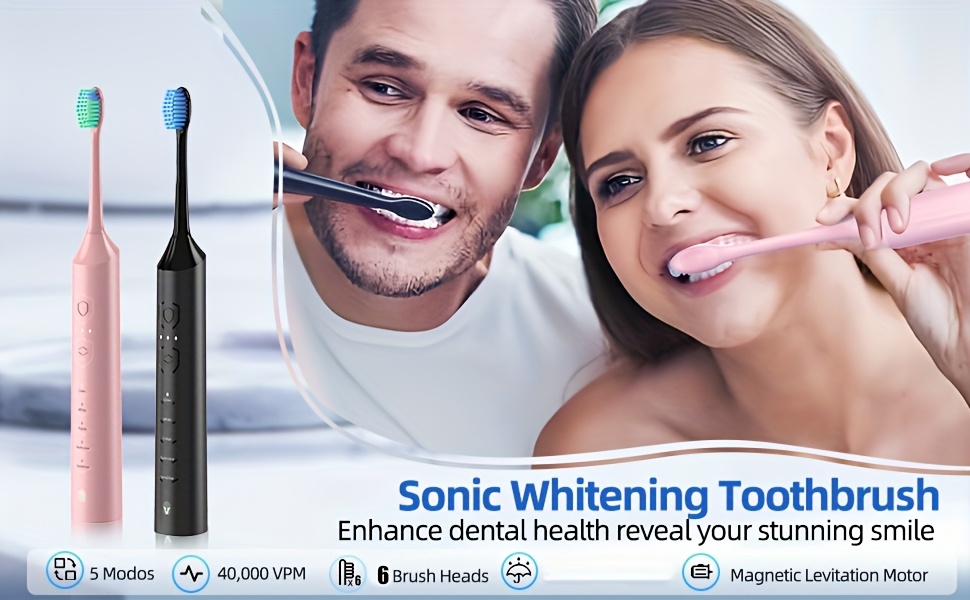 Sonic Electric Toothbrush | Rechargeable, Deep Cleaning with 5 Modes, 6 Replacement Brush Heads, USB Stand Charging, Portable, Suitable for Travel, Dormitory, Gift, Black, Pink, Blue, Gift for Parents, Couples