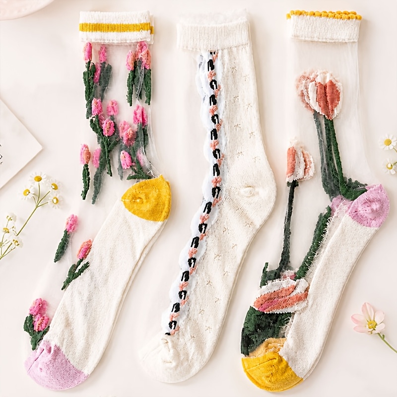 E-shop 3 Paar Damen Mid-Calf Socken, Style Tulpen 3D Blumen Glas High Aesthetic Damen Socken, Frühling Sommer Dünne Atmungsaktive Bequeme