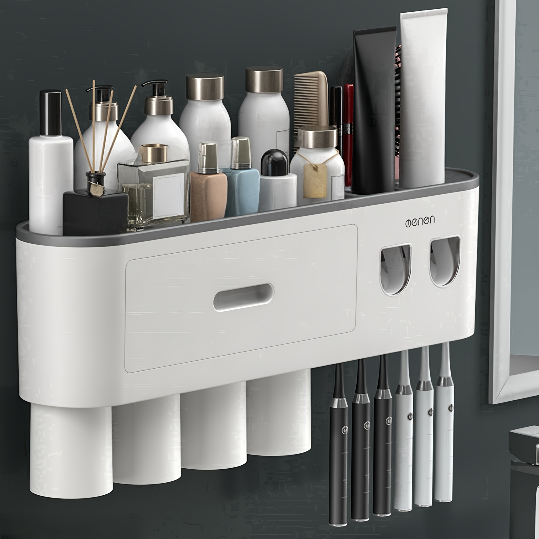 E-shop Wandmontiertes Zahnbürstenhalter-Set ohne Bohren mit Badezimmerregal, inklusive -/Doppelpumpenspender mehreren magnetischen Bechern &