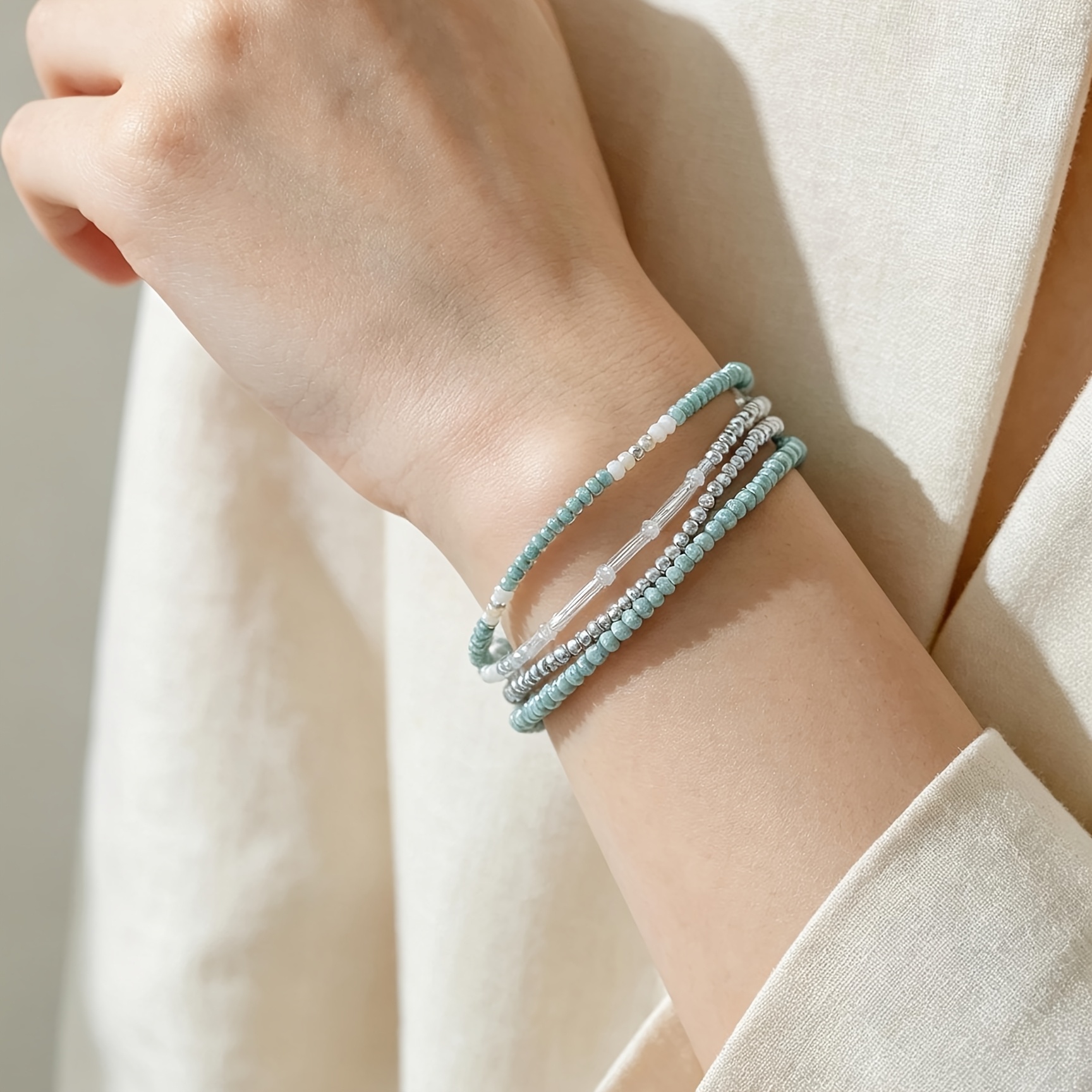 4pc Light Teal Blue Beaded Bracelet Set for Women