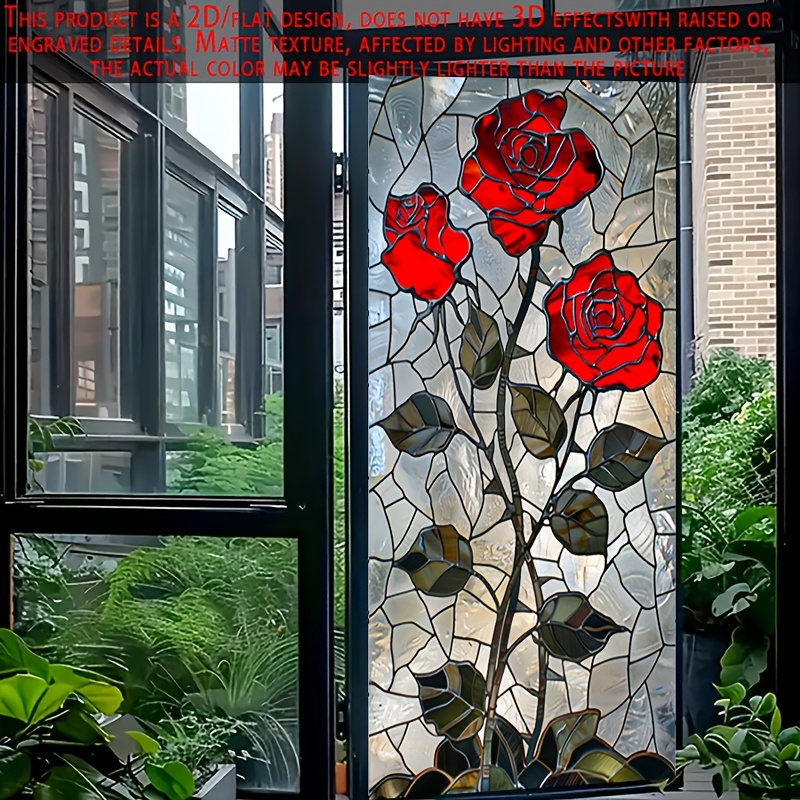 TEMU 1pc 2d/flat Stained-glass Red Roses Pattern Glass Privacy Film, Pvc Window Film, Removable Glass Stickers, And Stick Wall Sticker, 19.7×35.4