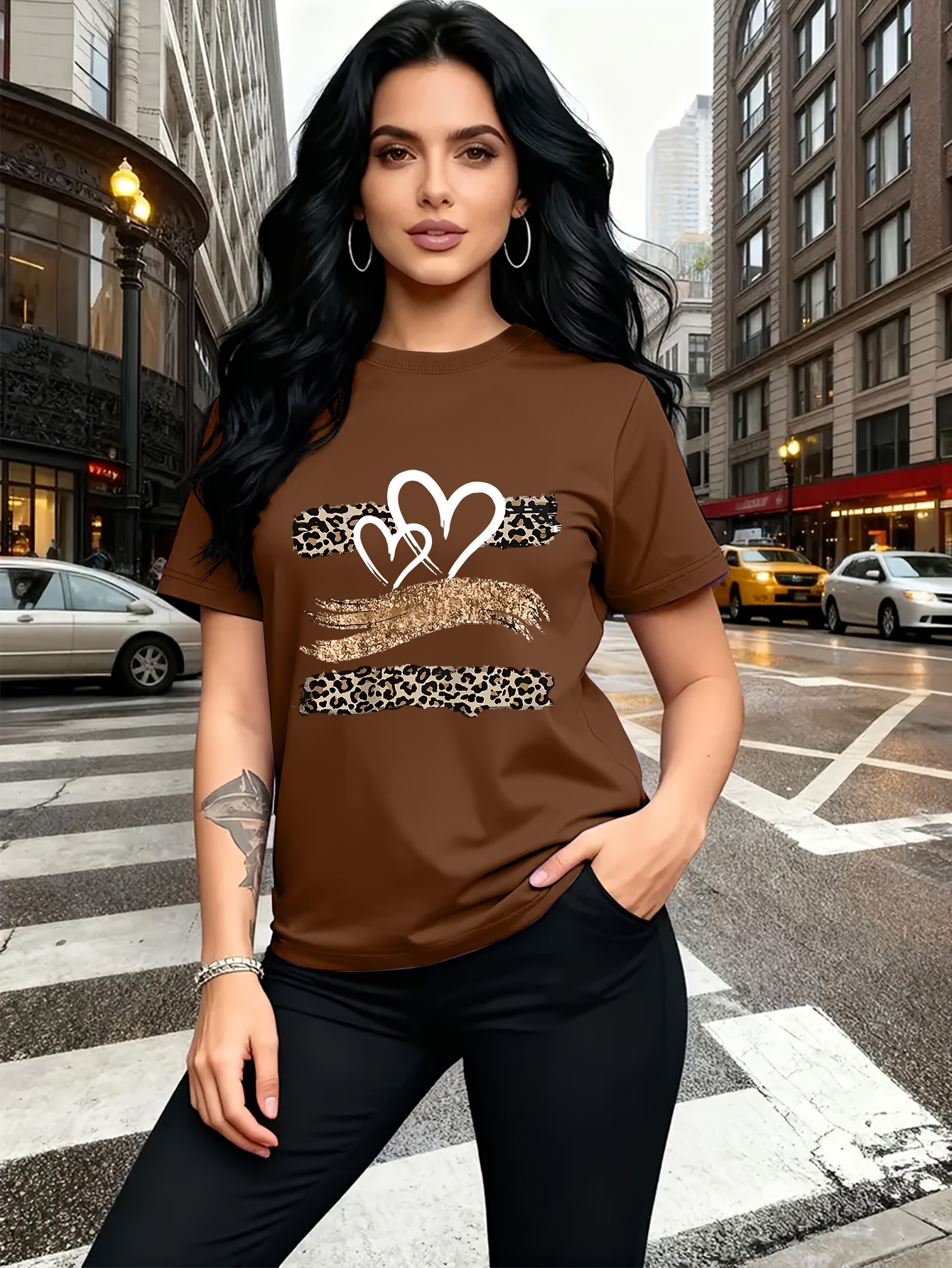 Leopard Print Heart Glitter-themed Pattern Print, Fashionable Breathable T-shirt, for Family Travel,, Casual S, Daily Commutes, Matching Outfits for Sisters, Versatile T-shirt 30057
