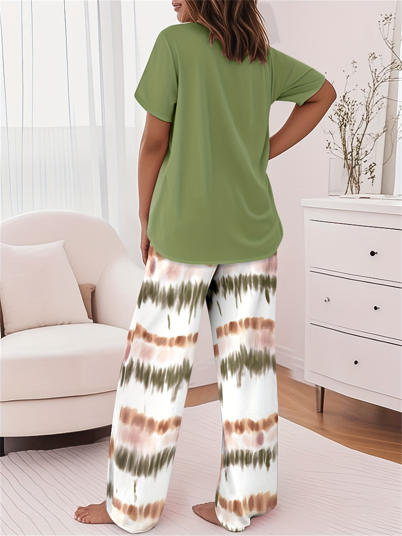 2pcs printed round neck short sleeve set gradient printed loose pants womens summer pajama set breathable   clothing two piece set Product details 31