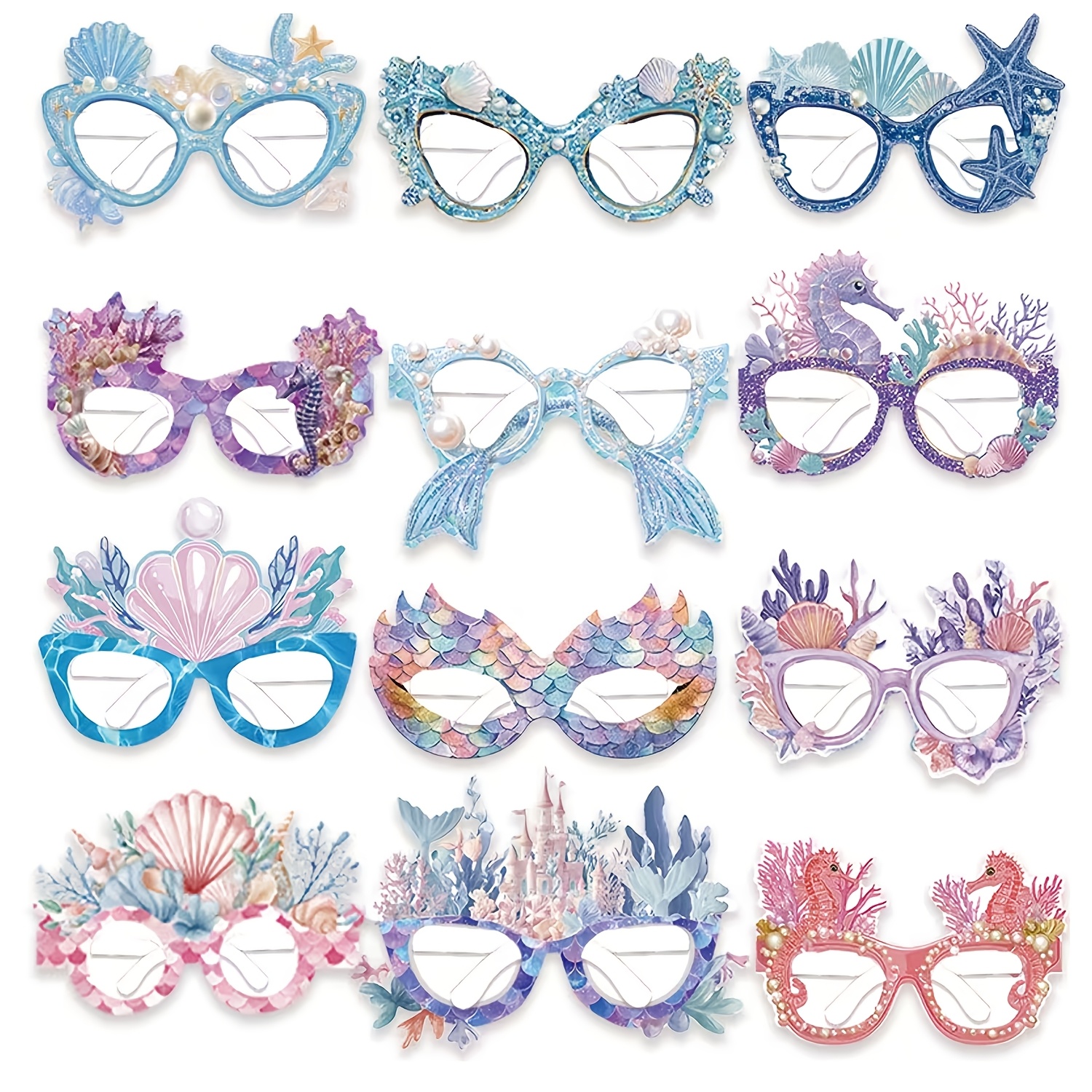Image of 12pcs Mermaid Party Decoration Paper Glasses Under The Sea Photo Booth Props For Summer Birthday Shower Favors, Perfect For Halloween & Christmas