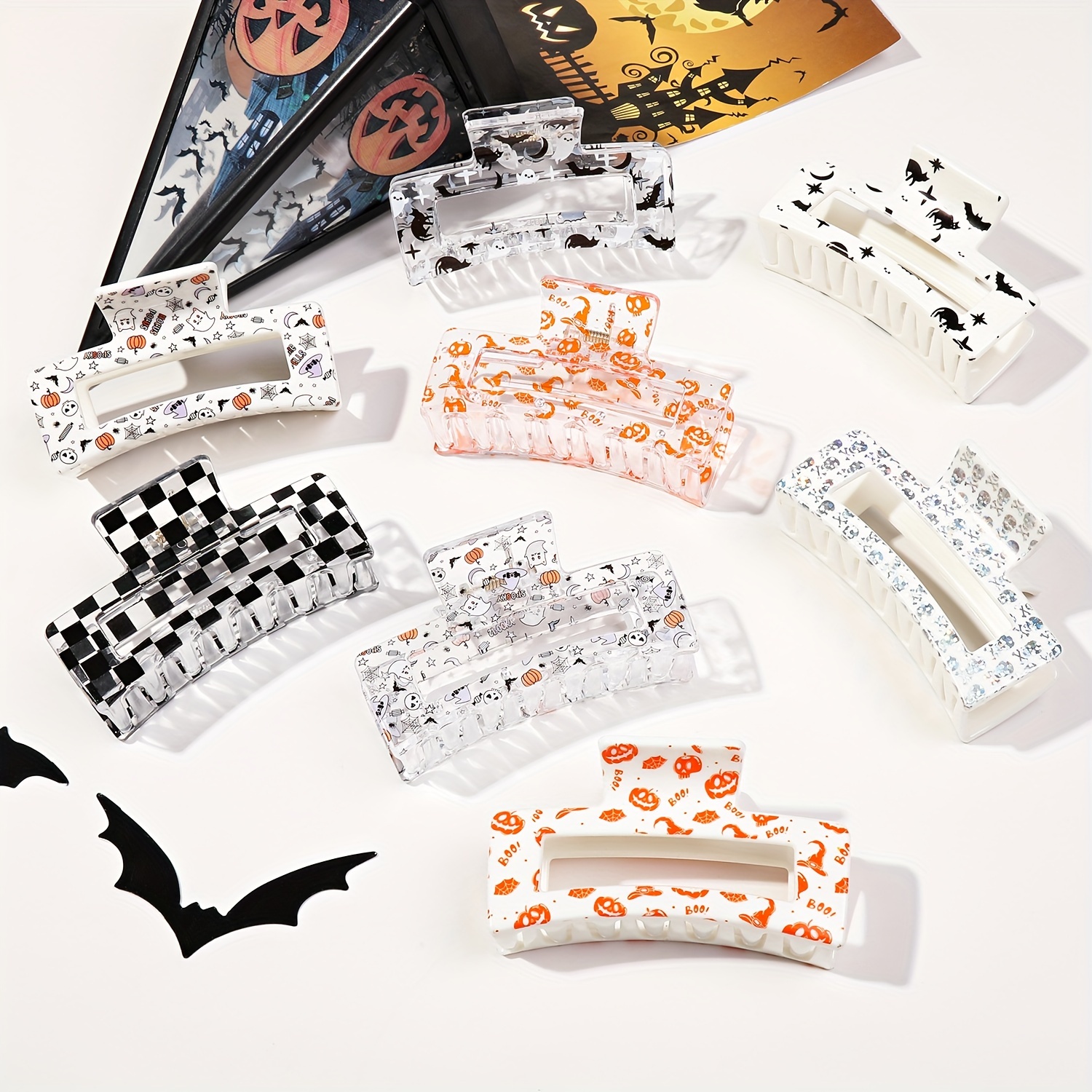 Halloween Hair * Set of 4 - Big Oblong Plastic Hair Clips with Elegant Minimalist * - Stylish Skull and Ghost Print Shark Clips for Teens and Adults