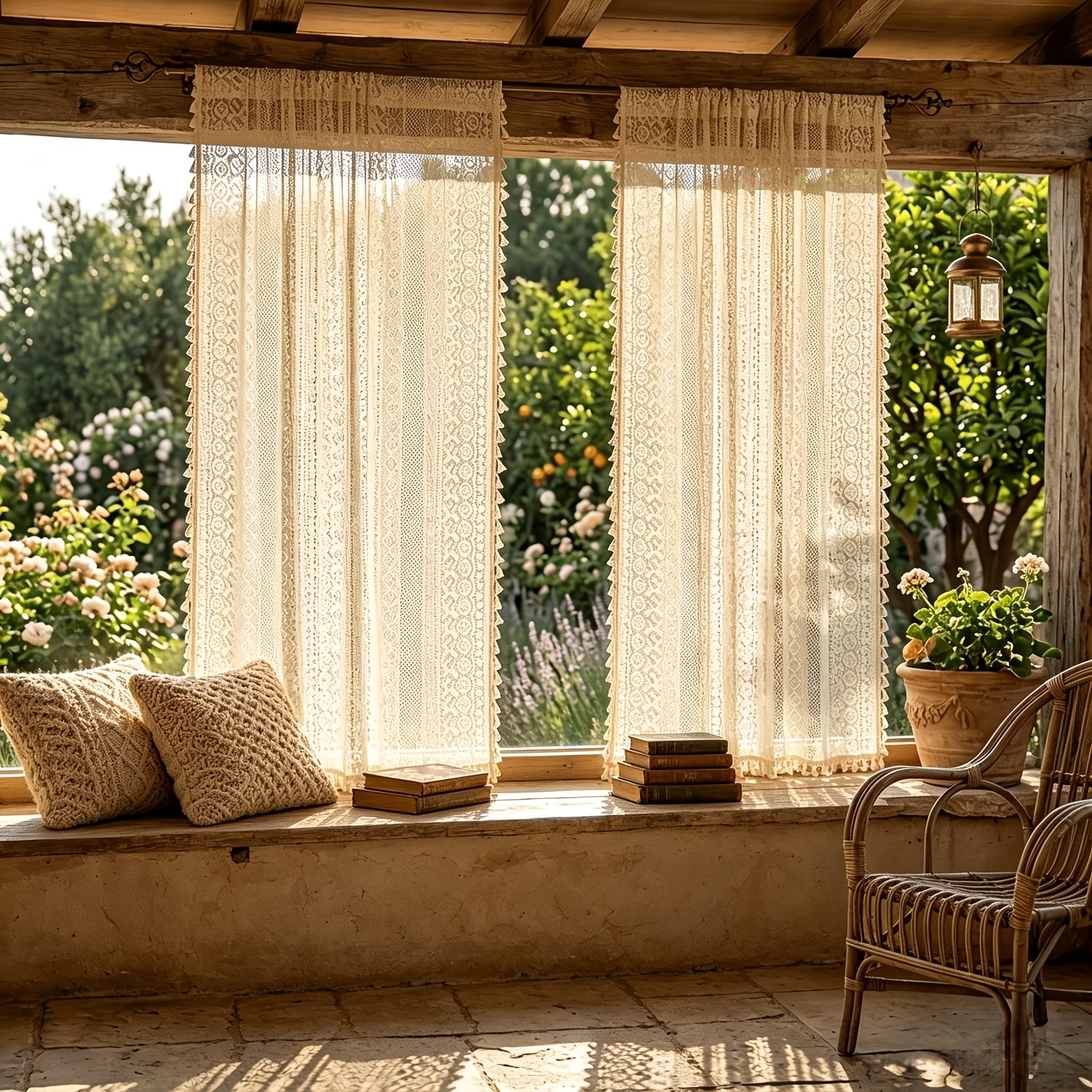TEMU 2pcs Bohemian Geometric Light Colored Lace Embroidery Tassel Gauze Curtain Villa Farmhouse Sheer Tulle Coffee Curtain Cool Courtyard Curtain Top