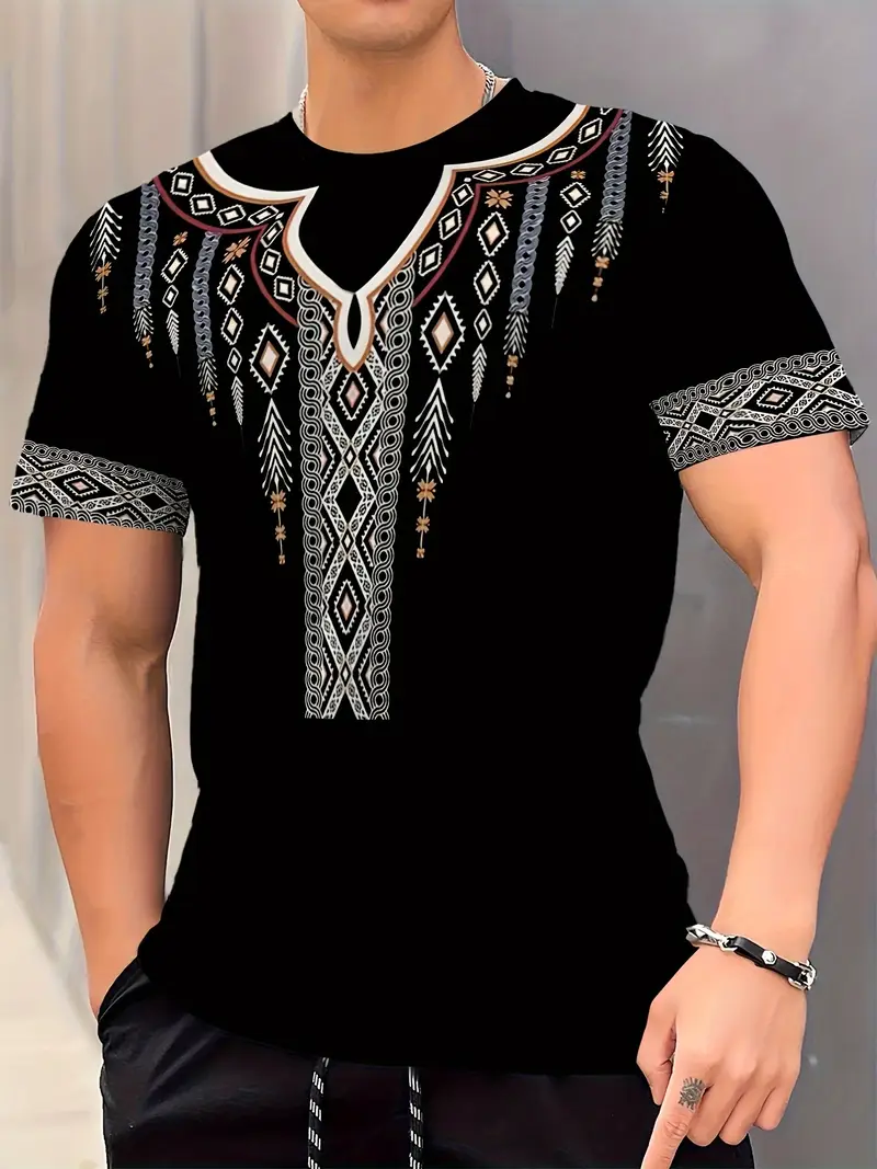 retro and geometric neck and short sleeve t shirt mens summer top for daily and outdoors wear details 2