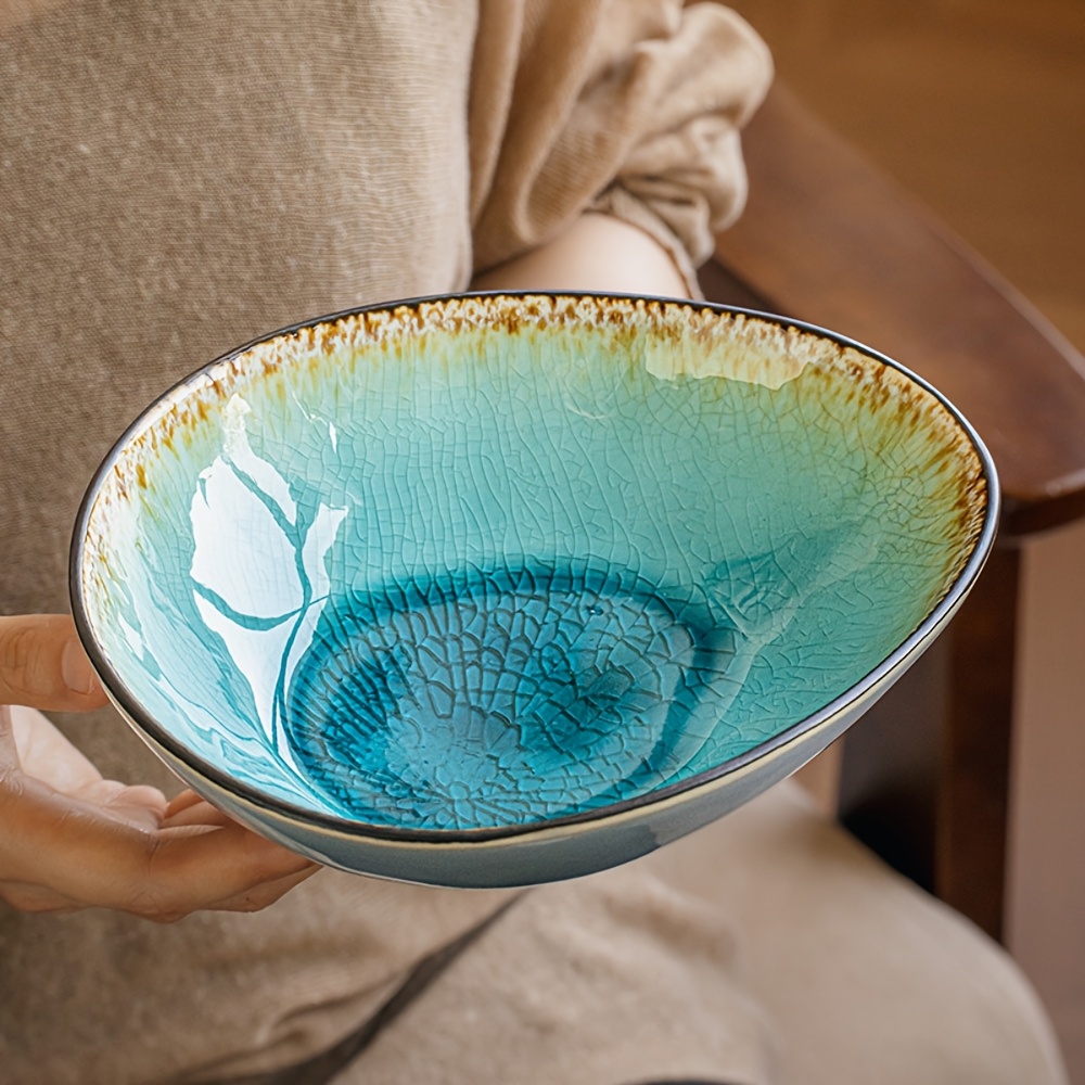 Image of 1pc Handmade (2 X 6.69 X 8 Inches) Large Capacity 800ml, Suitable For Restaurant And Home Use, Ceramic Bowl, Retro Irregular Rice Bowl, Ice Crack Glaze, Fruit Bowl, Unique Shaped Bowl