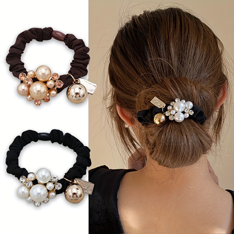 

Elegant Set: Women's Faux Pearl & Rhinestone Hair Ties - Alloy, Sweet Style, Solid Color Ponytail Holders For Ages 14+
