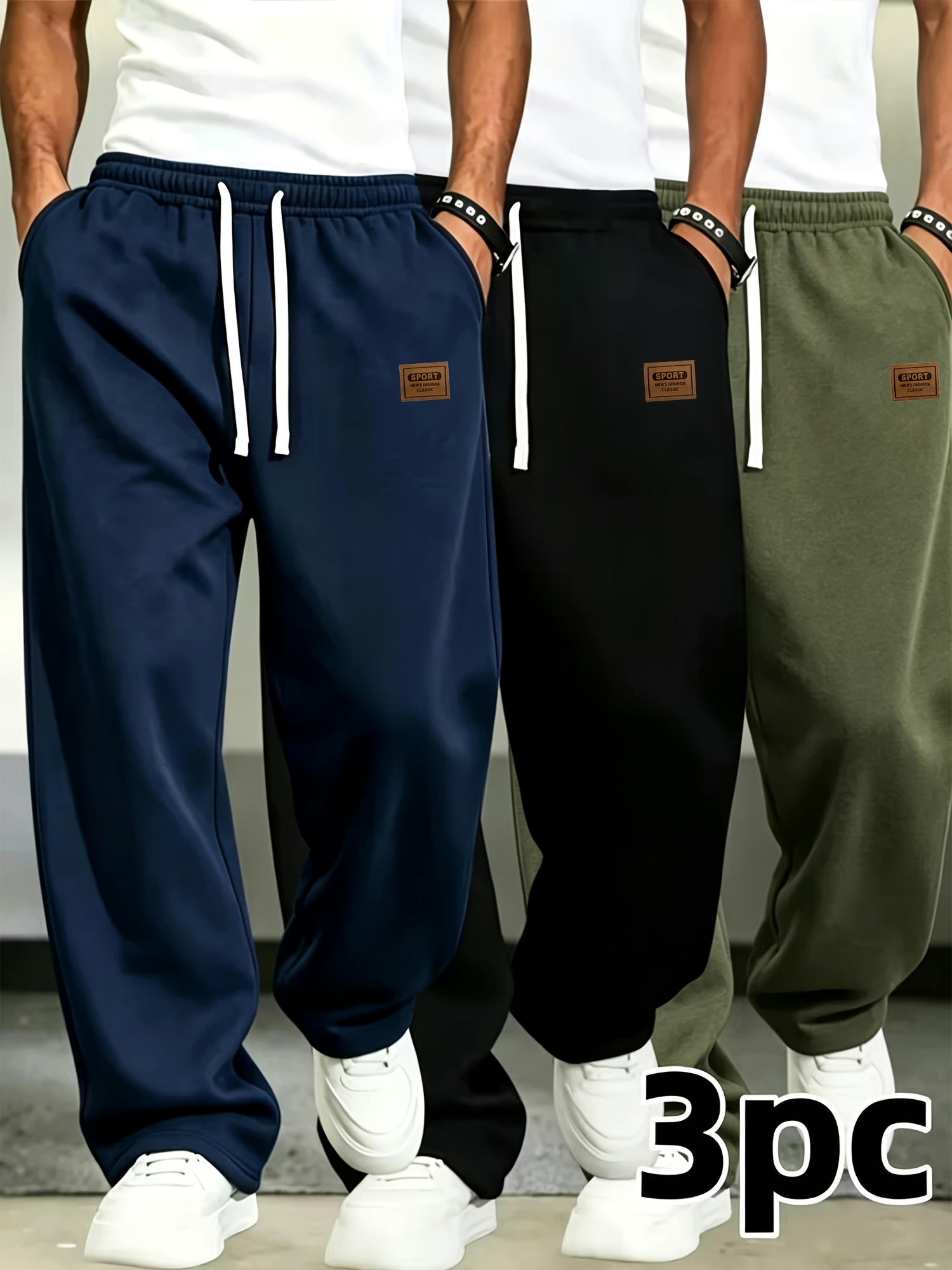 Lot de 3 pantalons de sport décontractés pour homme, pantalons de survêtement amples à jambe droite avec taille élastique à cordon de serrage, joggeurs en maille décontractés, couleur unie simple et tendance, adaptés aux sports de plein air et au streetwear, essentiels automne/hiver