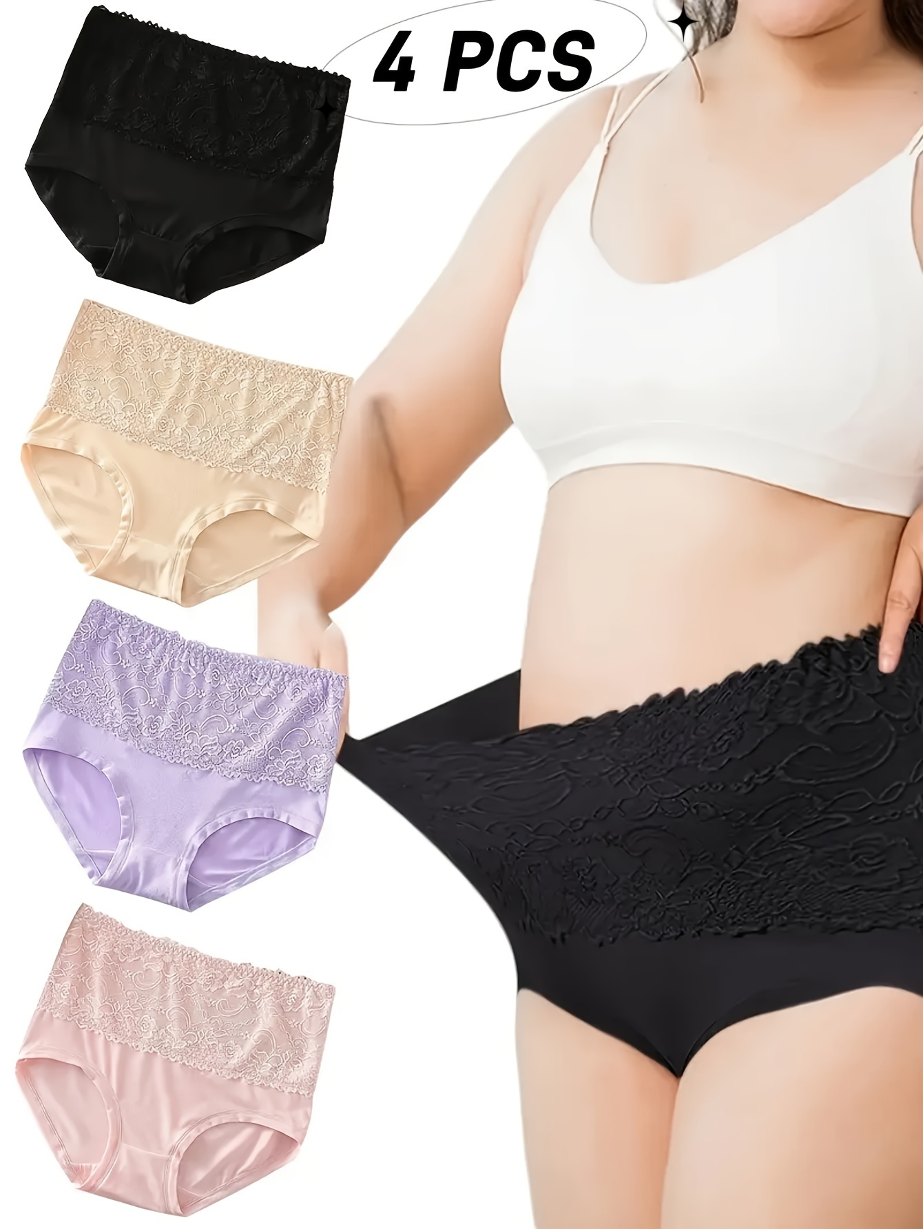 4pcs womens plus elegant panties plus size contrast lace high waisted stretchy   briefs