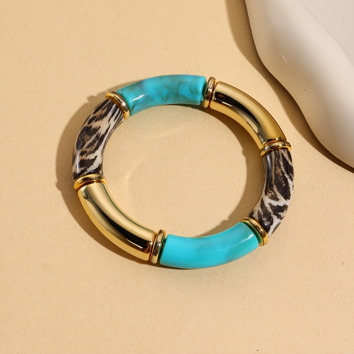 Retro Leopard Print Patchwork Elastic Bangle, Light Luxury Color-Block Arc Bracelet