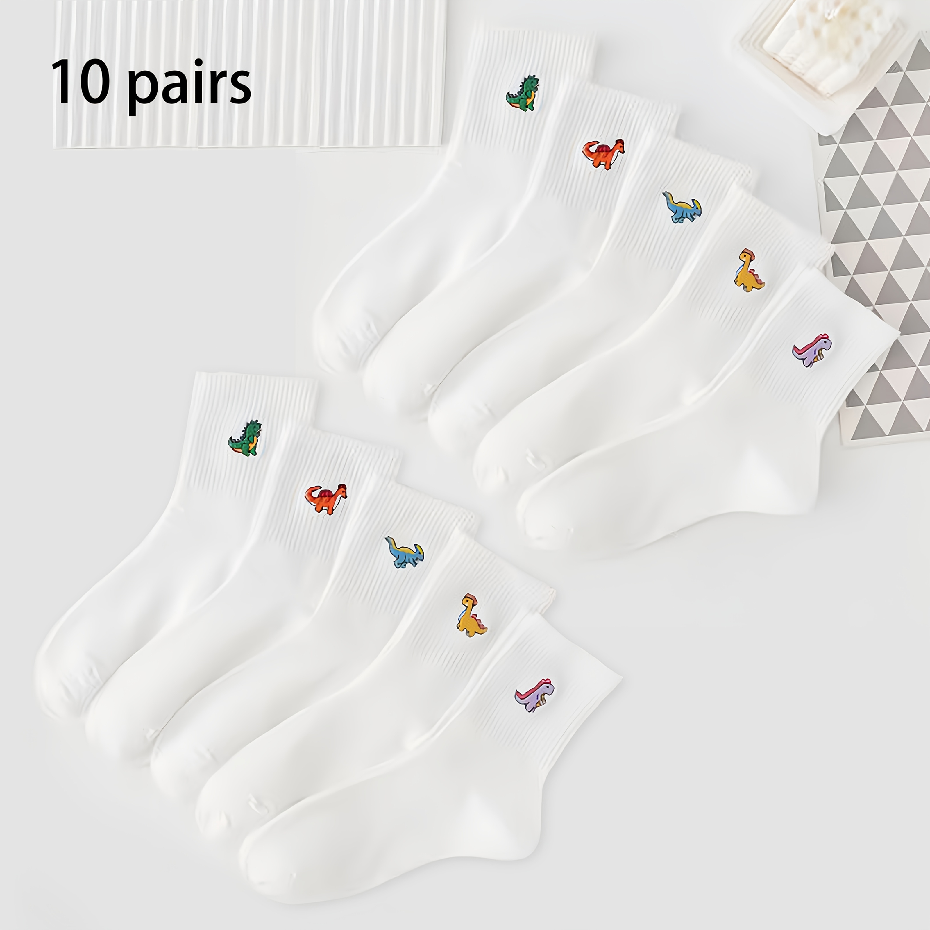 E-shop 10 Paar bequeme und süße Damensocken mit Cartoon-Dinosaurier-Muster, mittellang, geeignet für den täglichen Freizeitlook
