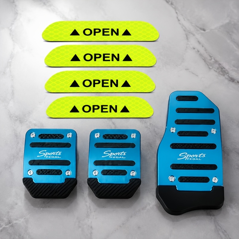 TEMU 7pcs Set: 3pcs Non-slip Car Pedal Mats + 4pcs Reflective Door Stickers, Suitable For Manual And Automatic Transmission Models, Ergonomic Sturdy