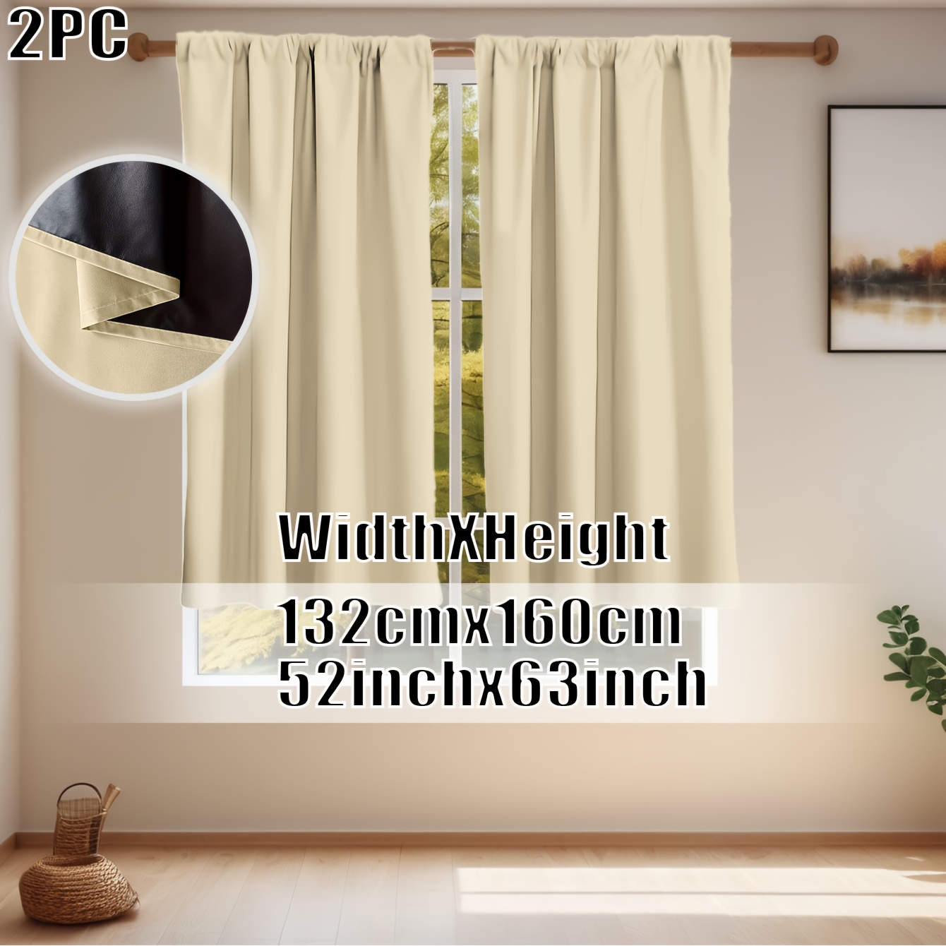 TEMU Pack Of 2, Beige Curtains, Black Lining, Rod Pocket Top, Full Coverage, Privacy Protection, Fashion Home Decor, Suitable For Bedroom, Living